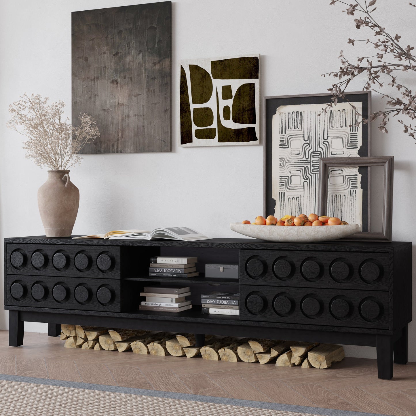 TV Stand Mid-Century Modern Solid Wood Gray Black 4-Drawer Fits 70 In TV