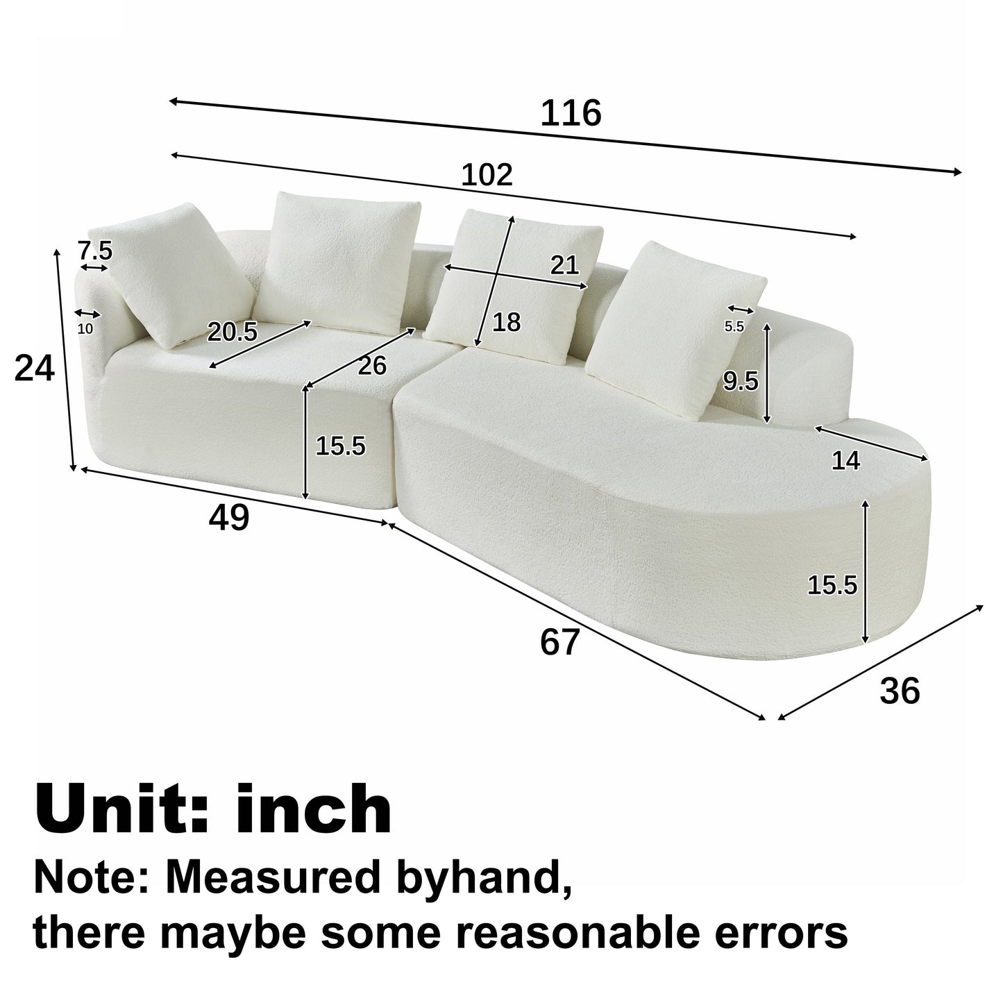 Sectional Sofa Curved Pearl Polyester Beige 3 Seat Right Chaise 116 In