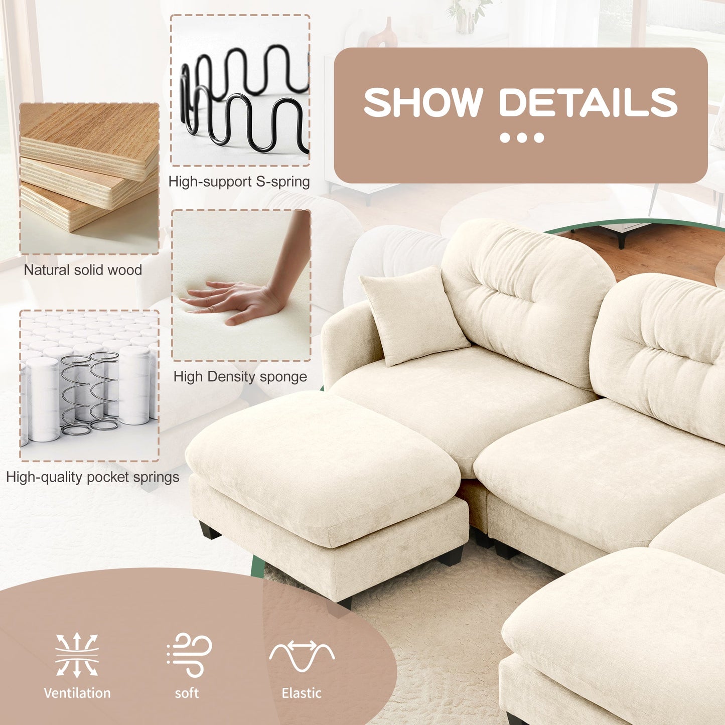 Sectional Sofa L-Shape Modular Chenille Beige Cloud Style with Ottoman