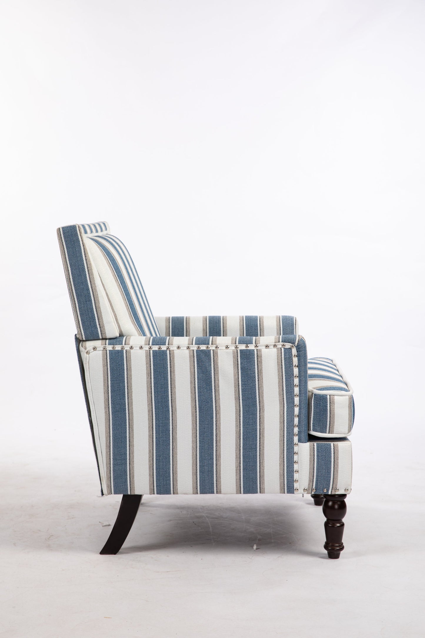 Accent Chair Vintage Striped Linen Blue White Nailhead Solid Wood Legs