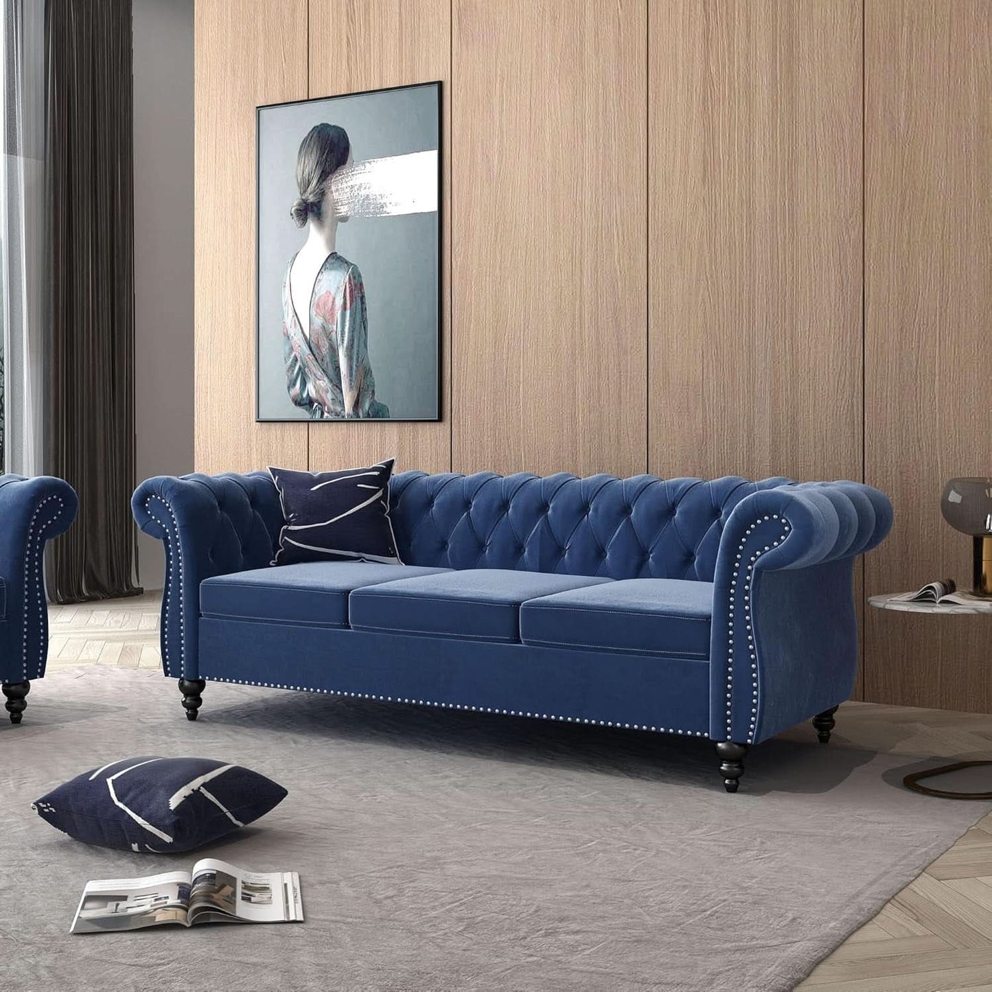 Blue Velvet 3 Piece Sectional Sofa Set With Tufting