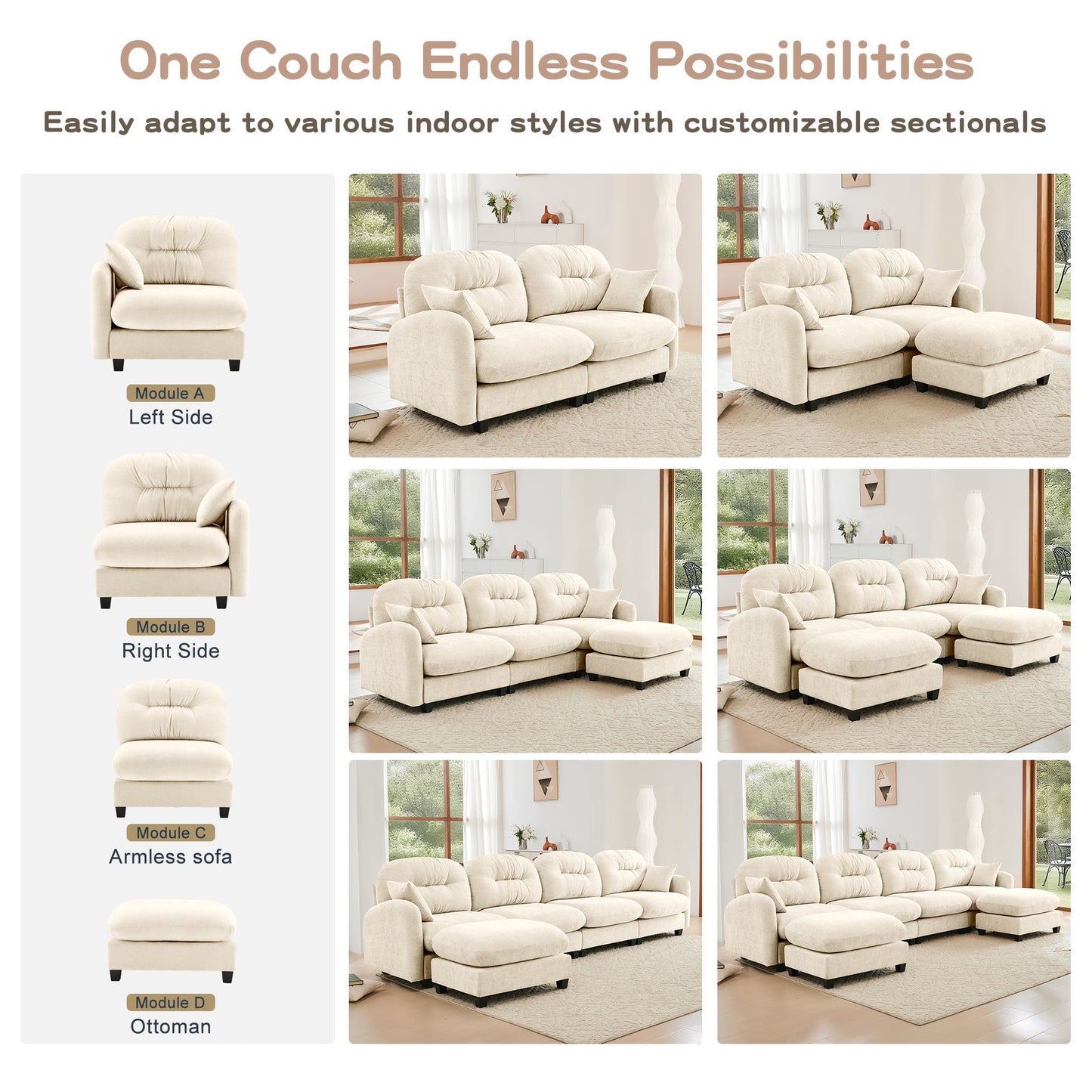 Sectional Sofa L-Shape Modular Chenille Beige Cloud Style with Ottoman