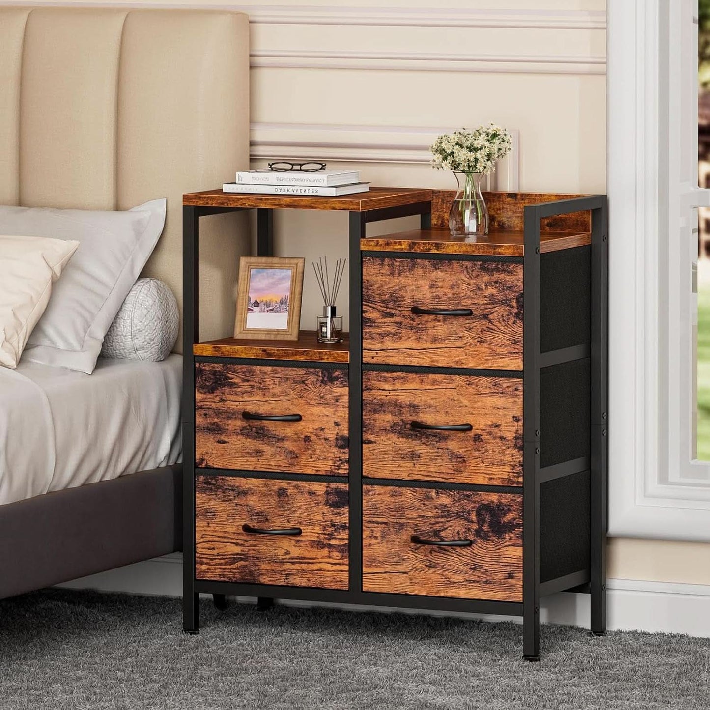5 Drawer Rustic Brown Dresser With Metal Frame For Bedroom