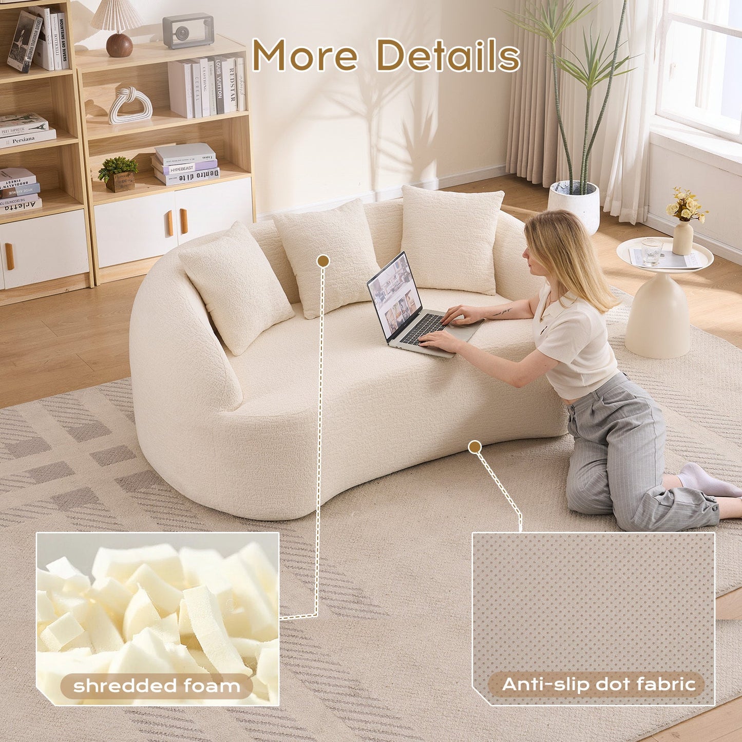 Loveseat Curved Modern Chenille Off-White 2 Seat 3 Pillows 65 In