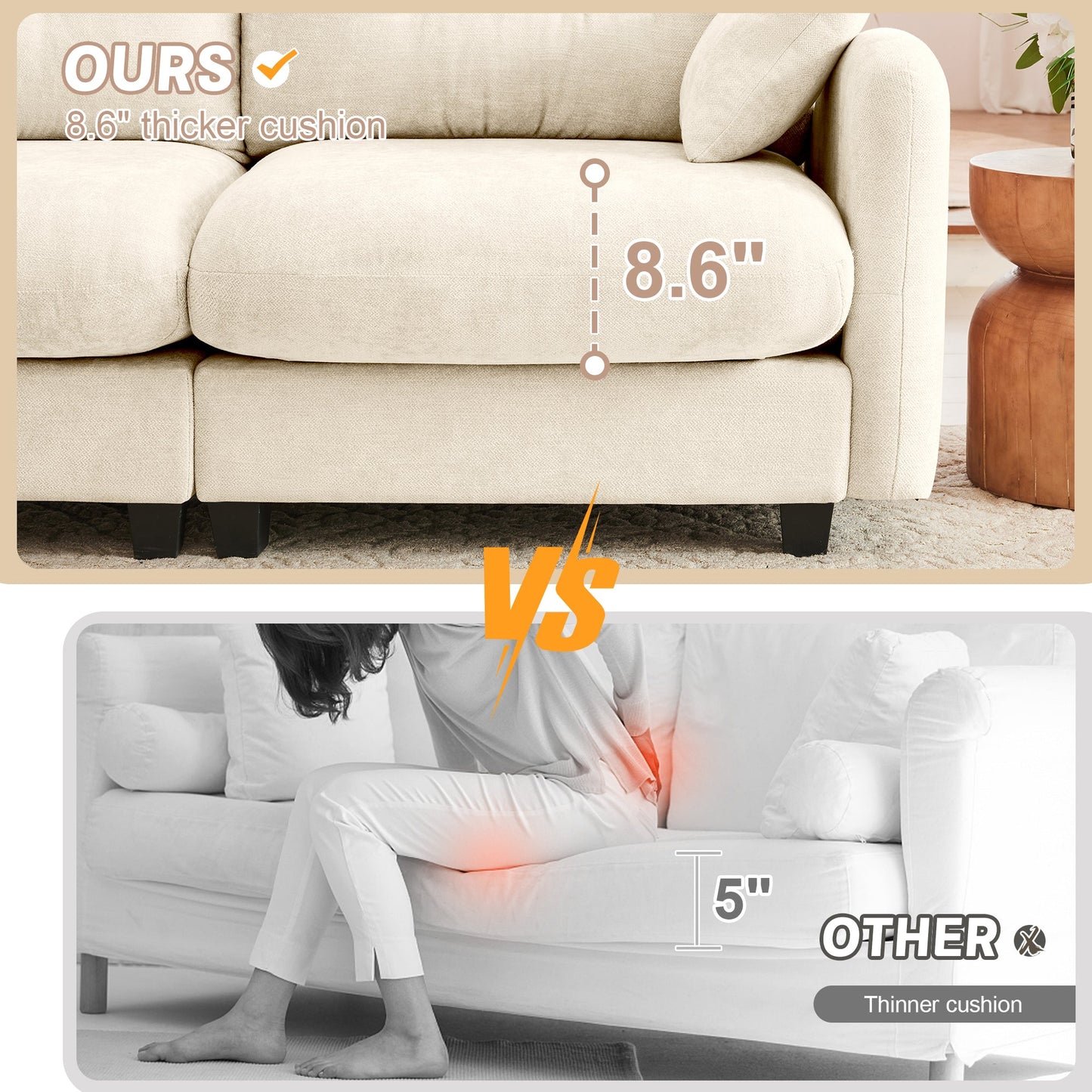 Sectional Sofa L-Shape Modular Chenille Beige Cloud Style with Ottoman
