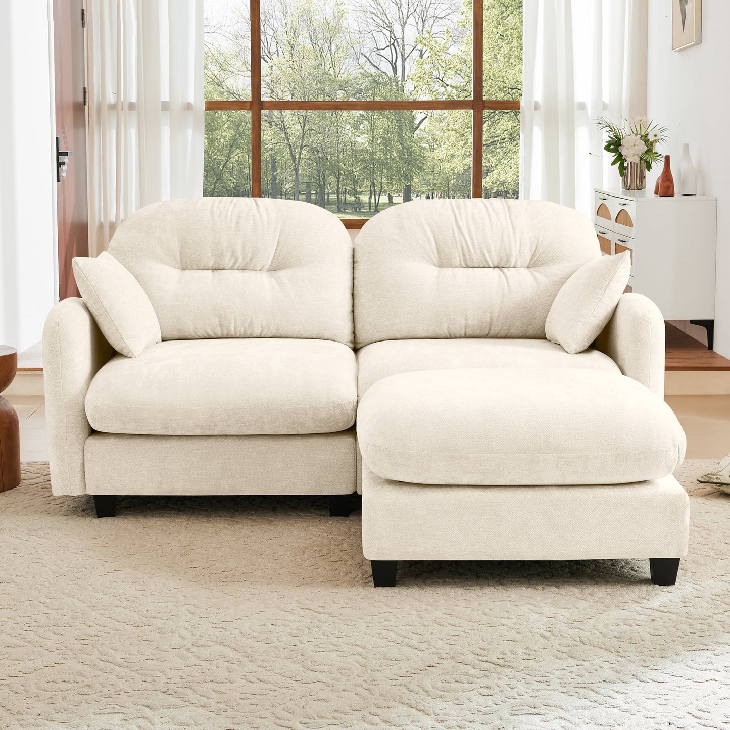 Sectional Sofa L-Shape Modular Chenille Beige Cloud Style with Ottoman