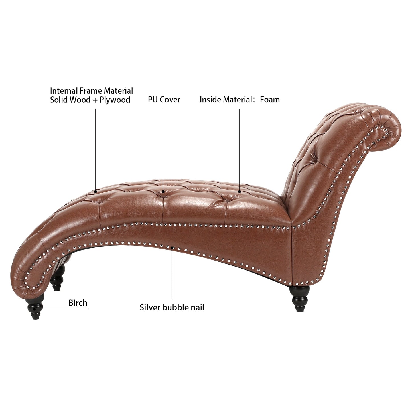 Brown PU Tufted Armless Chaise Lounge with Foam Seating and Birch Legs