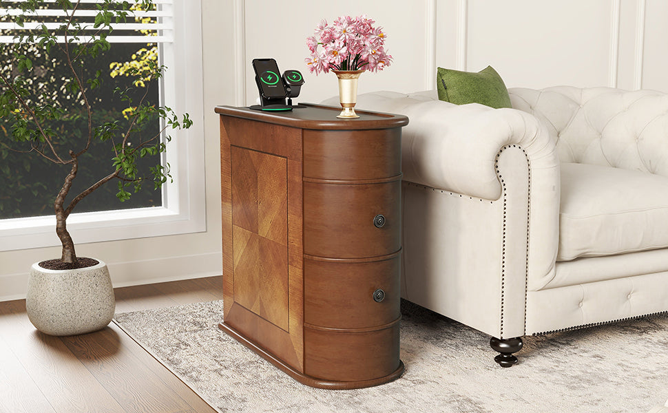 End Table Charging Station 2 AC 2 USB Ports 2 Drawers Arc Design Walnut 23.6 In