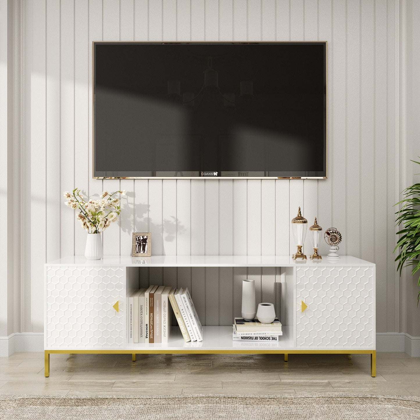 TV Stand Fireplace Space MDF White Honeycomb Door Gold Legs 80 LB 70 In