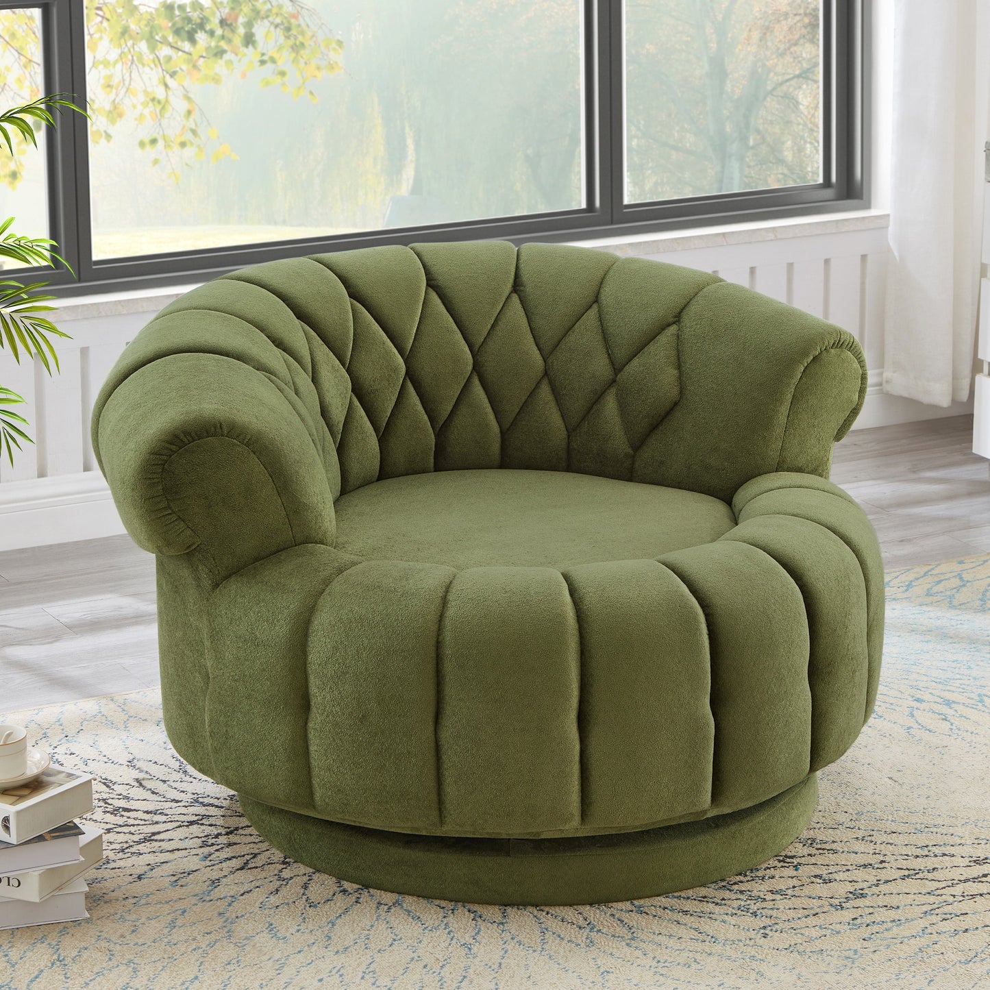 Swivel Accent Chair 360 Degree Chenille Green Oversized Round 45.9x42.7 In
