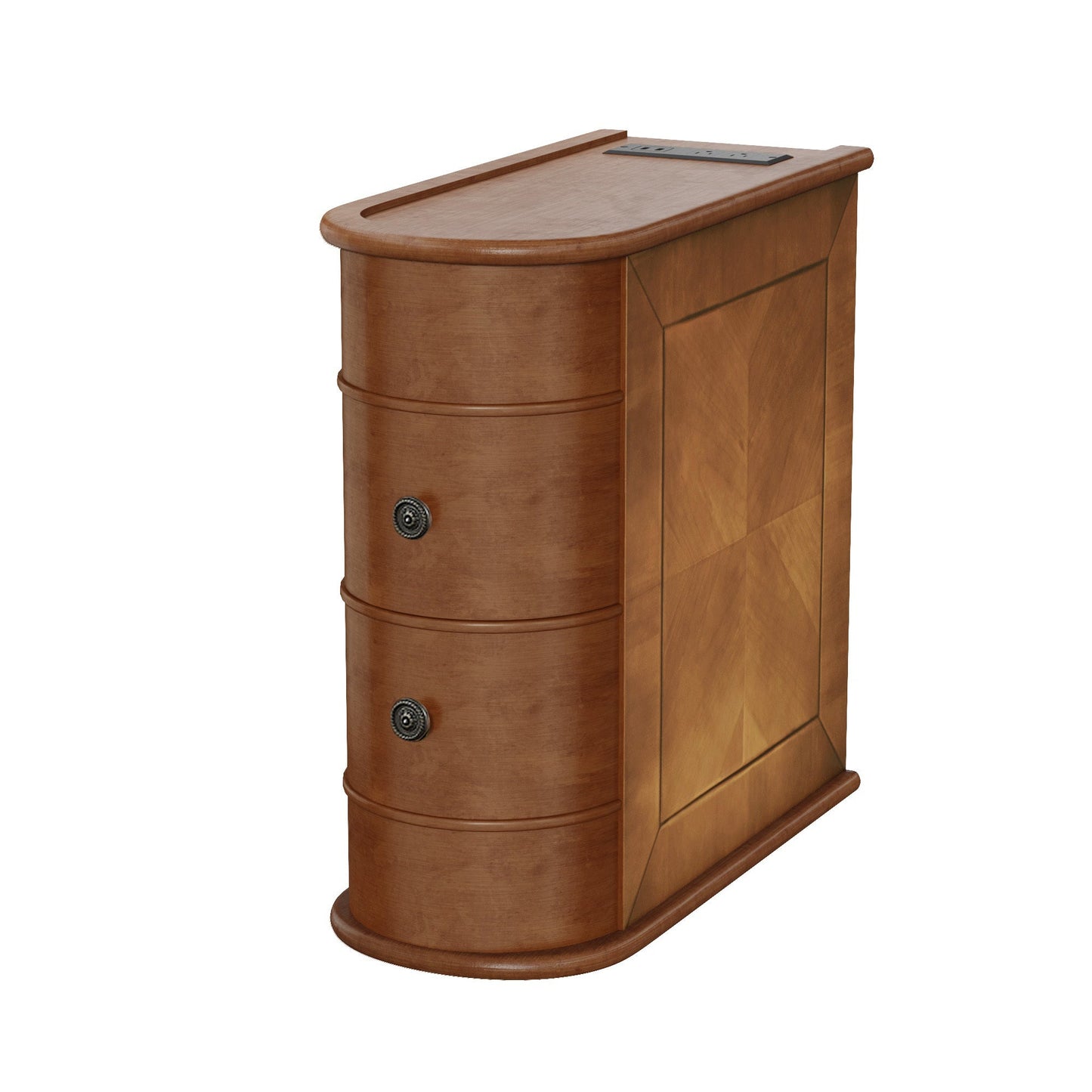 End Table Charging Station 2 AC 2 USB Ports 2 Drawers Arc Design Walnut 23.6 In