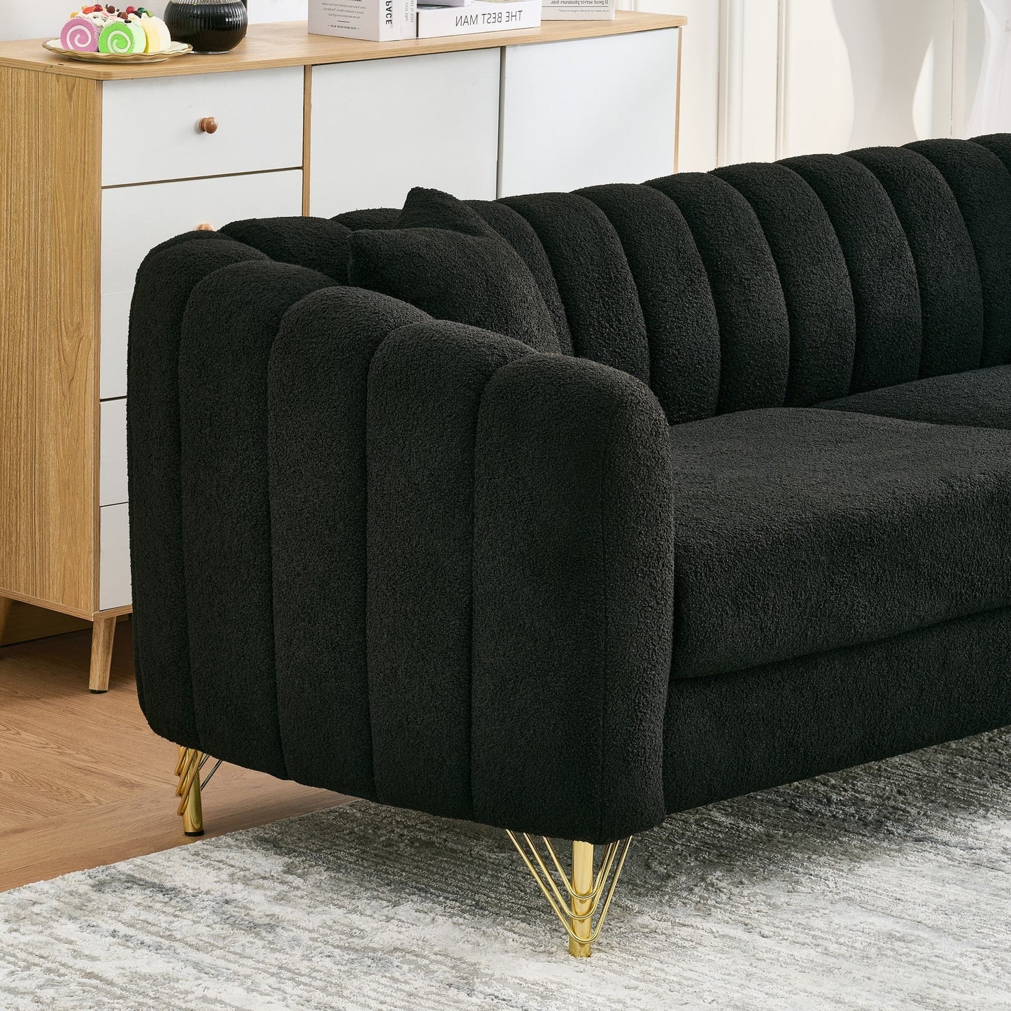 Loveseat Modern Chenille Black Gold Metal Legs 2 Seat 63 In 500 LB