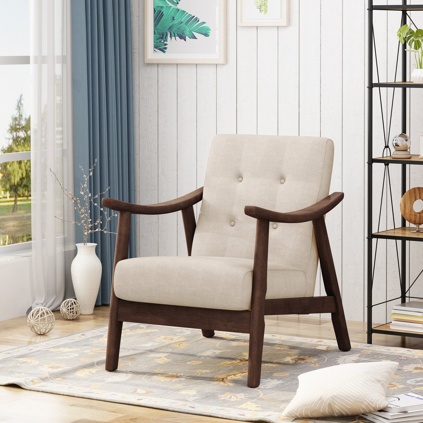 Accent Chair Mid-Century Tufted Beige Rubberwood Bent Arms 25x32x32 In