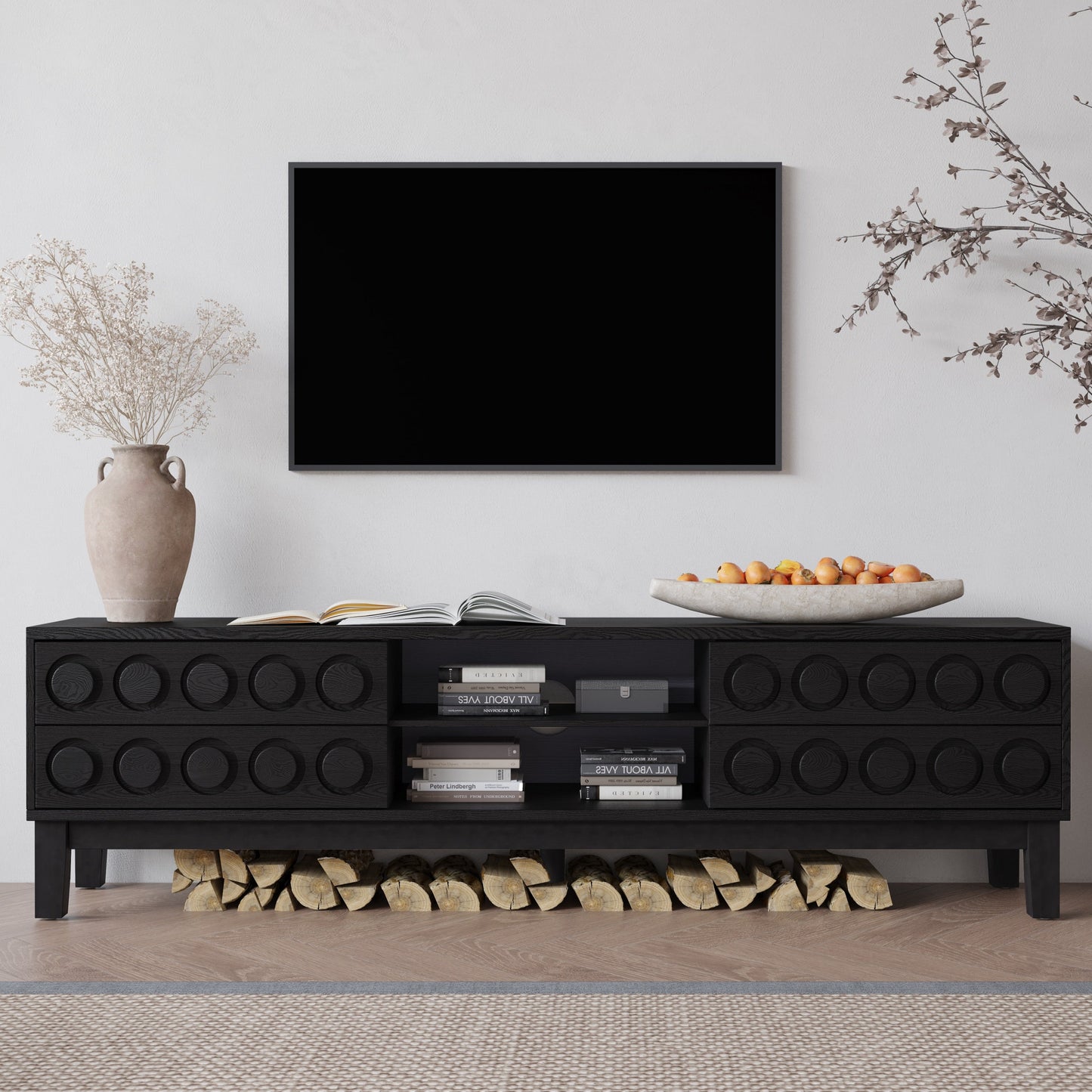 TV Stand Mid-Century Modern Solid Wood Gray Black 4-Drawer Fits 70 In TV