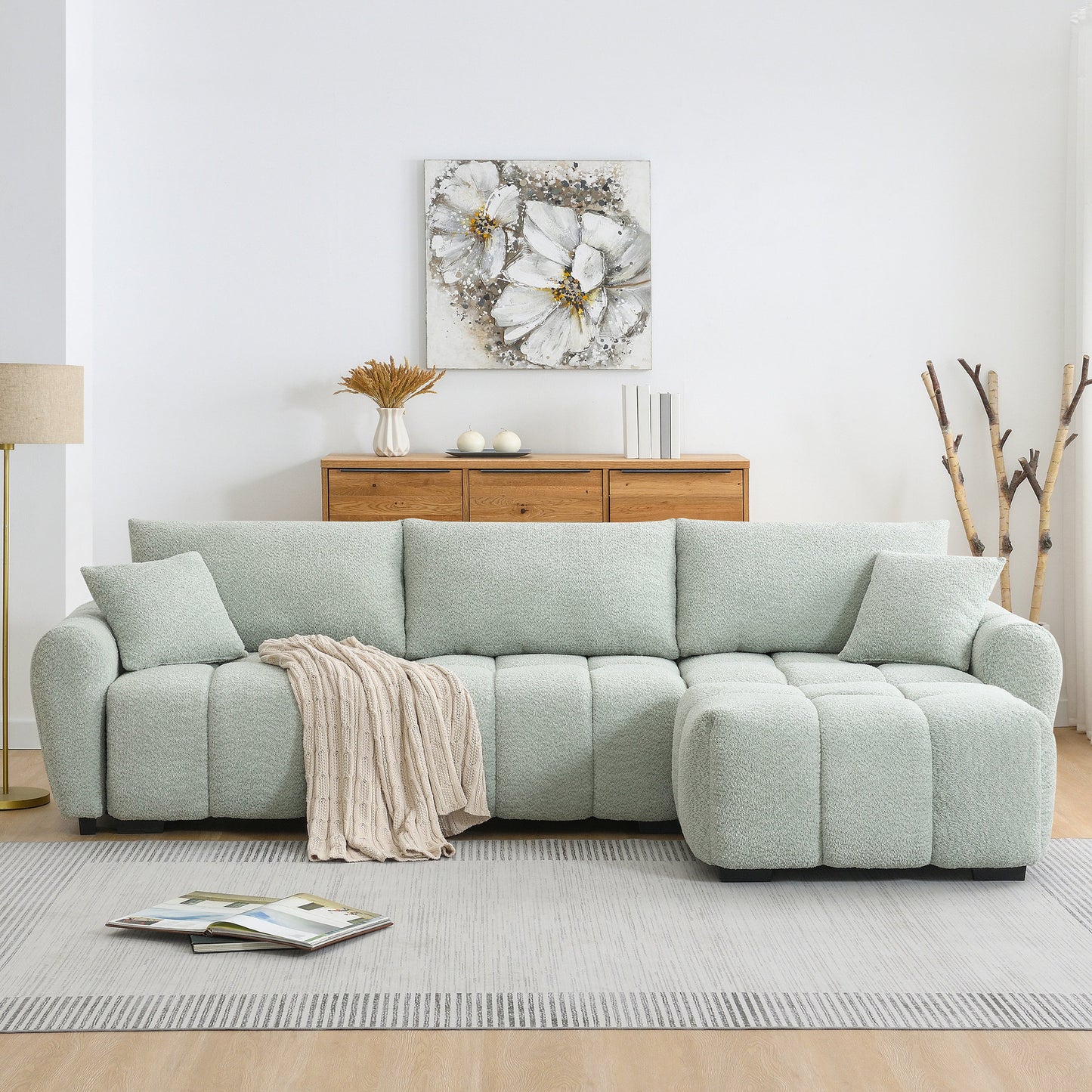 Sectional Sofa L-Shape Boucle Light Green 4 Seat Ottoman 110 In