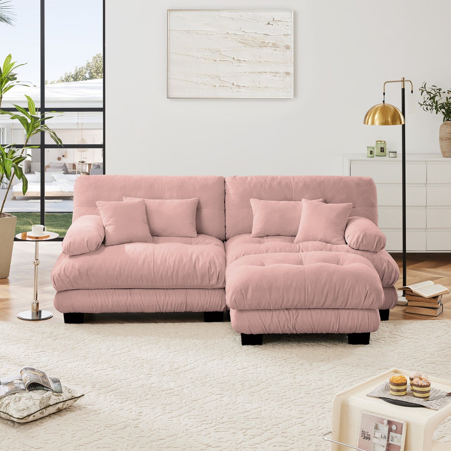 Sectional Sofa Cloud Curved Chenille Pink 2 Seat Convertible Ottoman