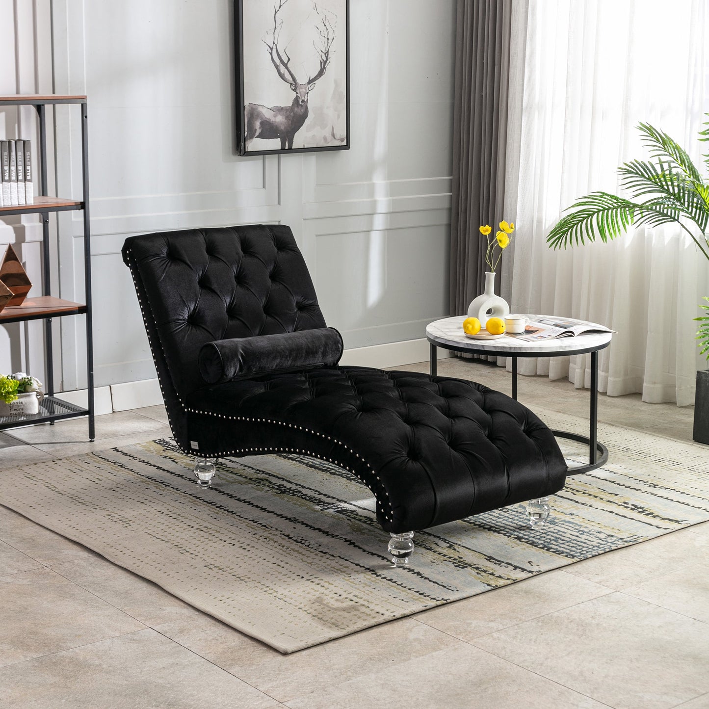 Velvet Chaise Lounge, Button-Tufted with Pillow, Black, 63.38x28.94x34.05 in