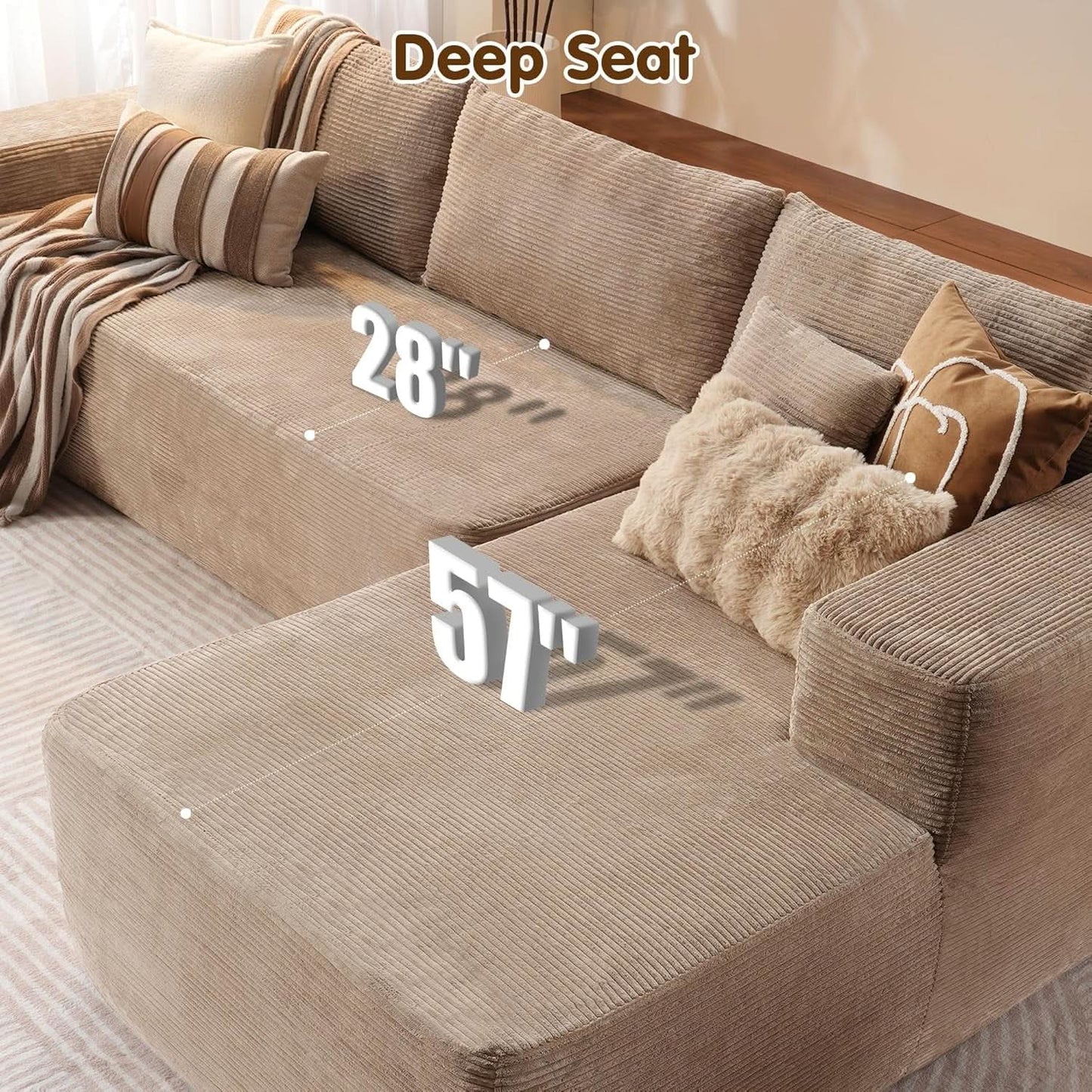 104 Inch Cloud Sectional Couch With L Shaped Chaise Modern Modular Sofa In Camel Corduroy Fabric