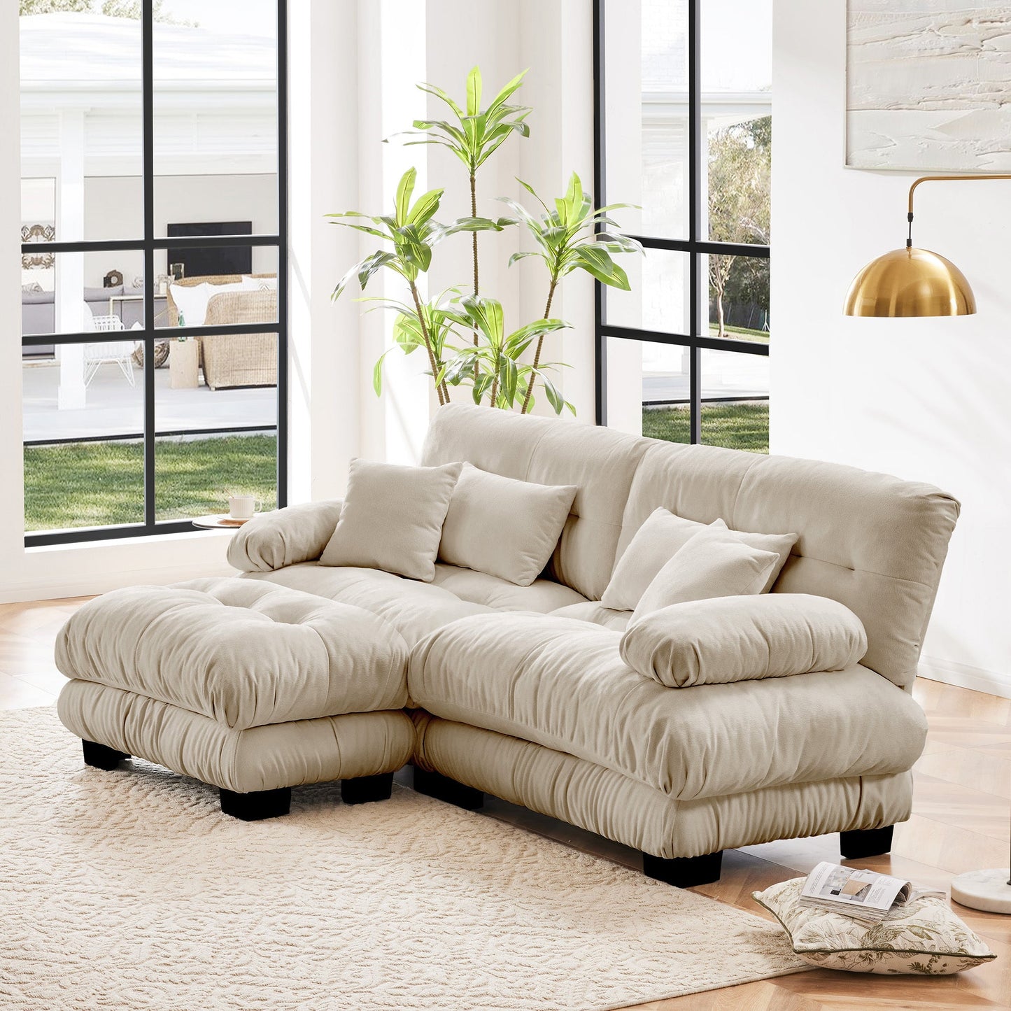Sectional Sofa Cloud Style Chenille Light Coffee 2 Seat Convertible