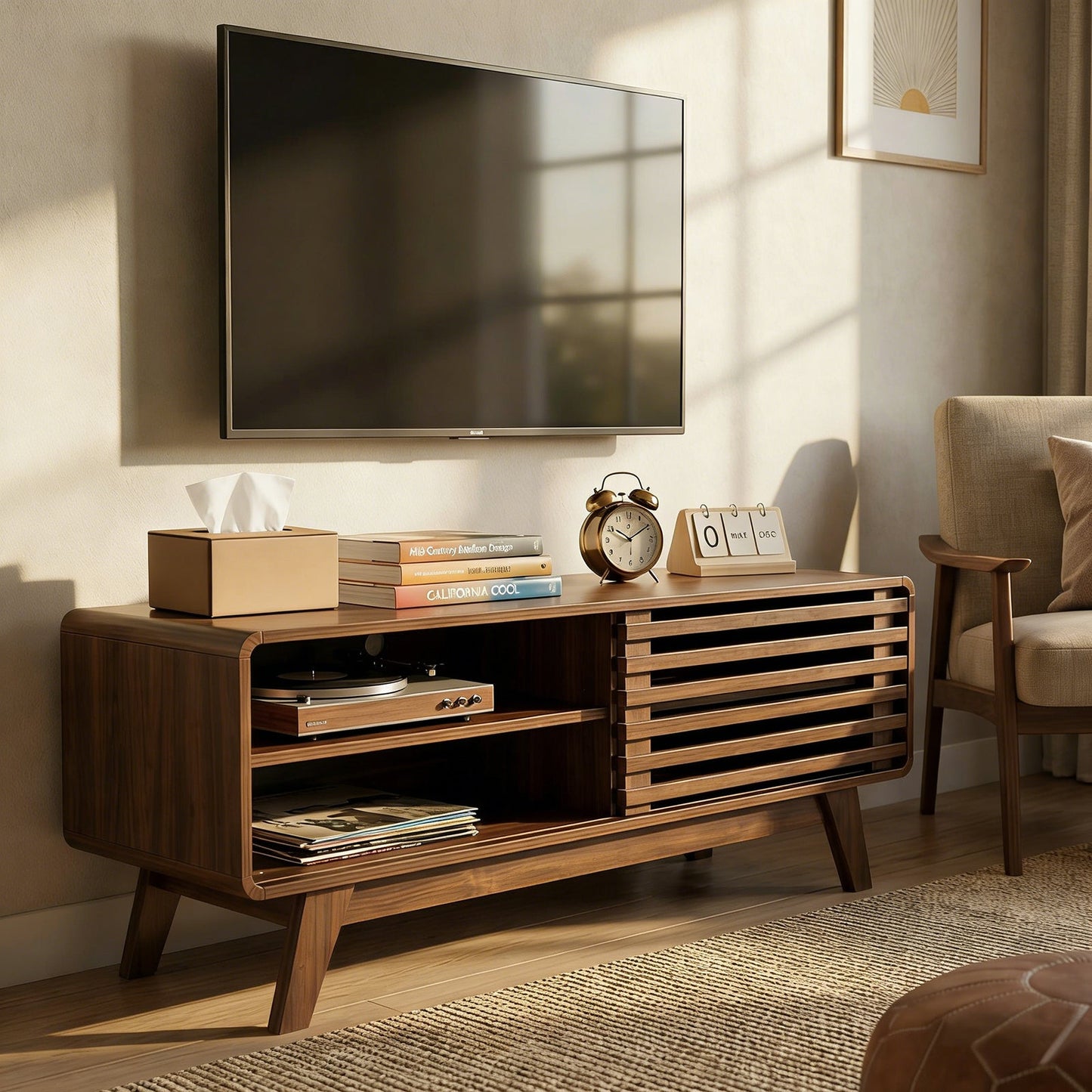TV Stand Walnut MDF Slatted Sliding Door Fits 50 In TV Cable Management
