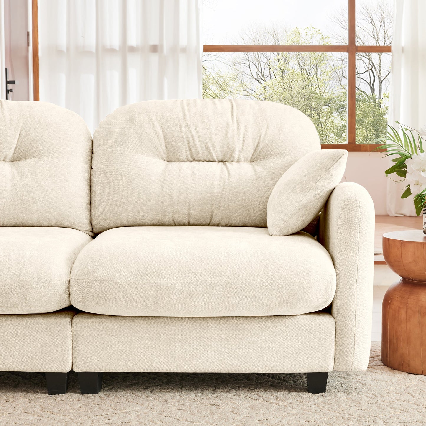 Sectional Sofa L-Shape Modular Chenille Beige Cloud Style with Ottoman