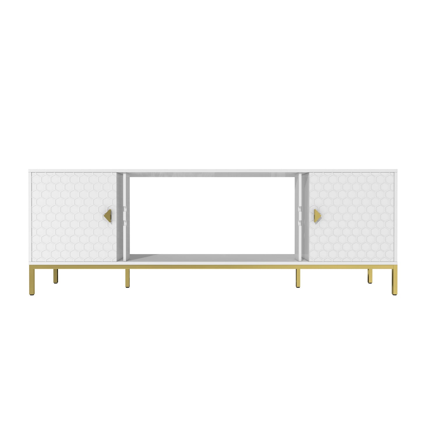 TV Stand Fireplace Space MDF White Honeycomb Door Gold Legs 80 LB 70 In