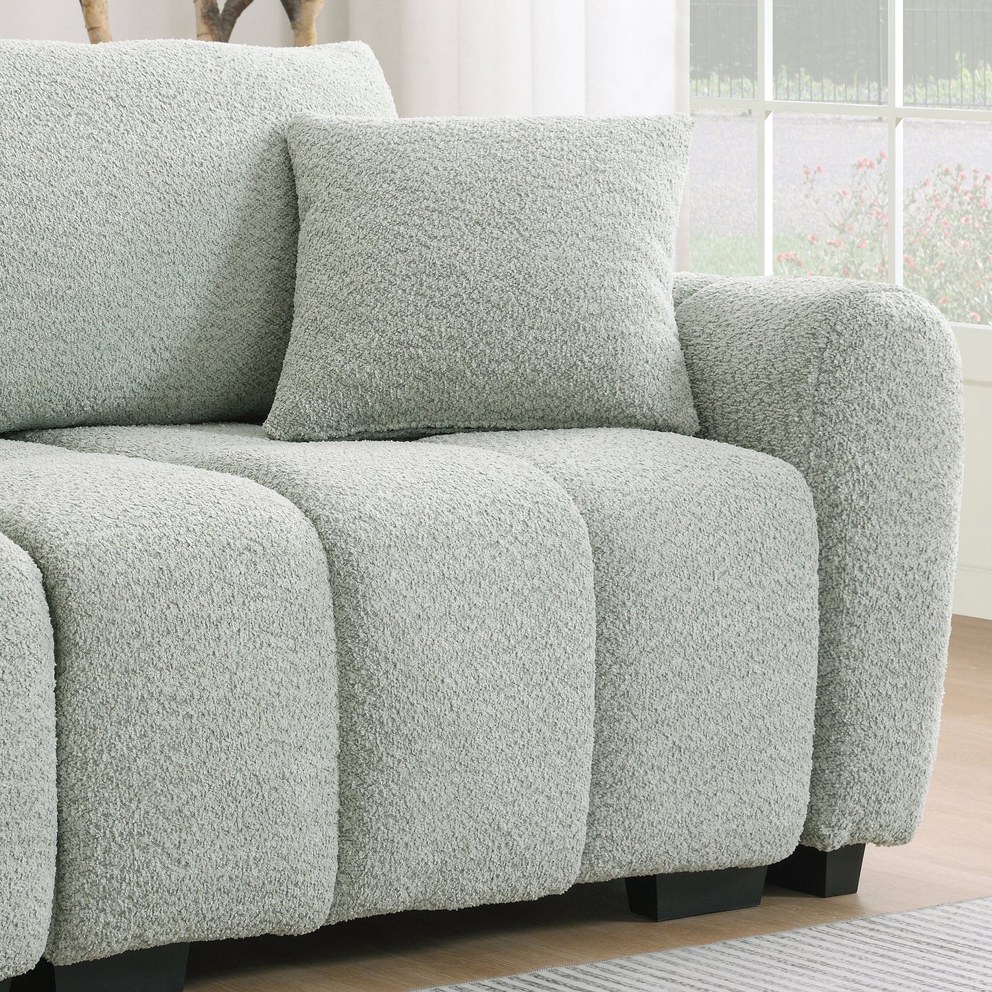 Sectional Sofa L-Shape Boucle Light Green 4 Seat Ottoman 110 In