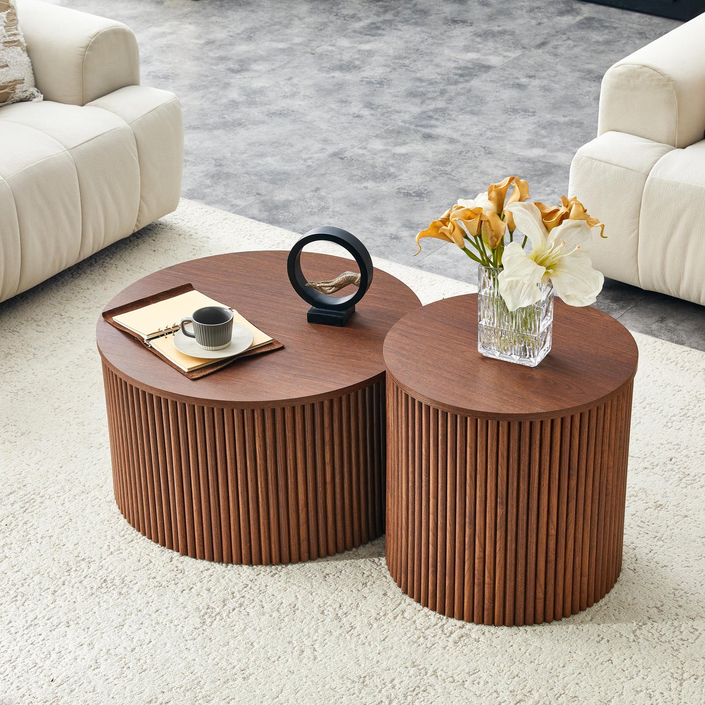 2-Piece Nesting Coffee Table Set, Roman Column MDF Round, Built-in Storage