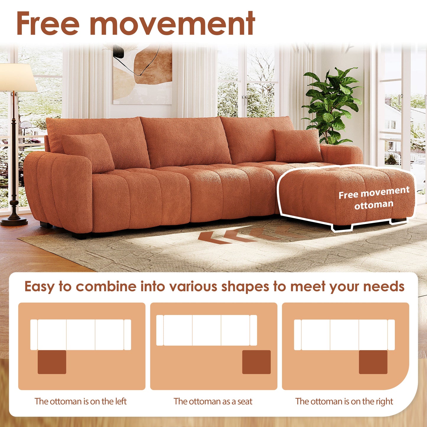 Sectional Sofa L-Shape Boucle Orange 4 Seat Ottoman 110 In