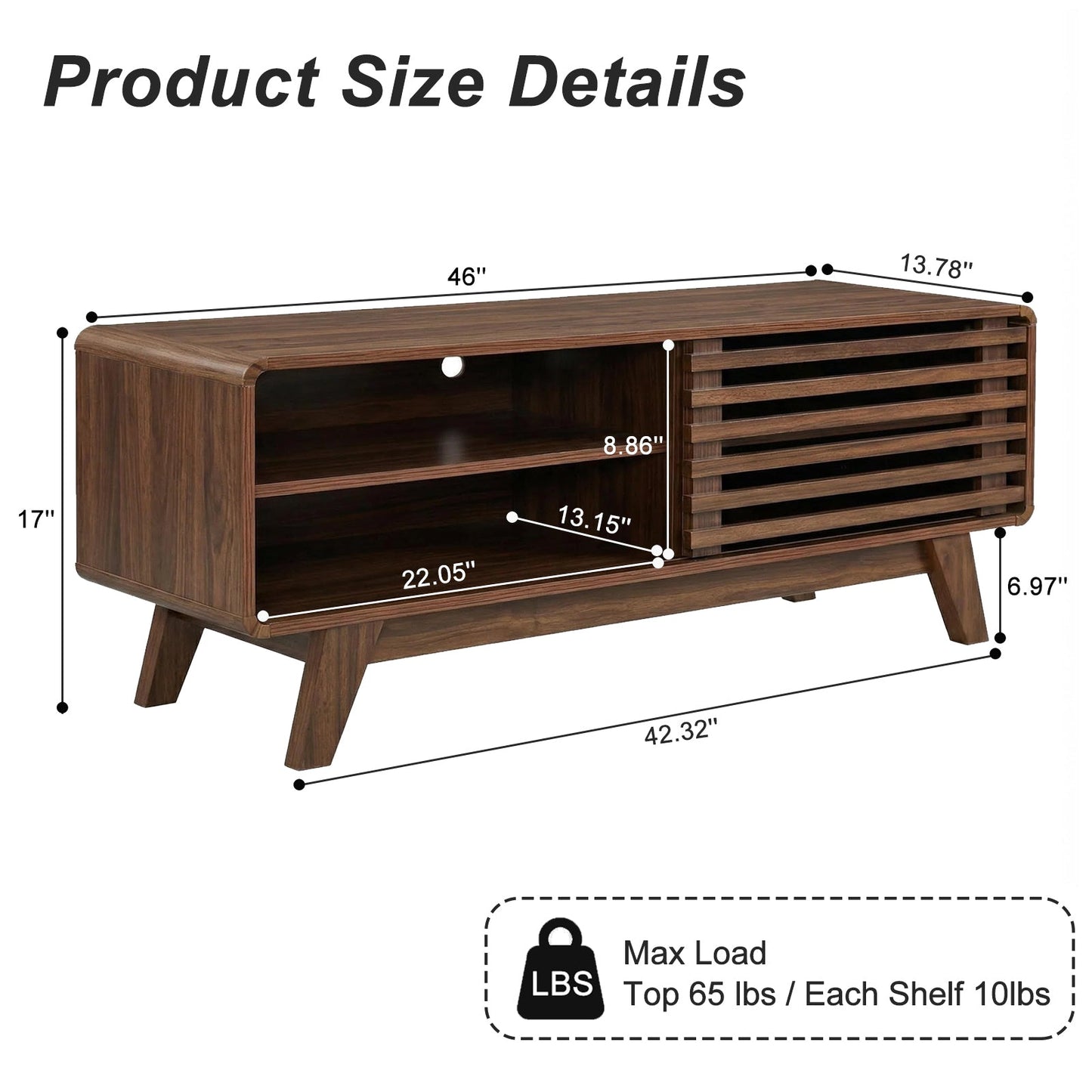 TV Stand Walnut MDF Slatted Sliding Door Fits 50 In TV Cable Management