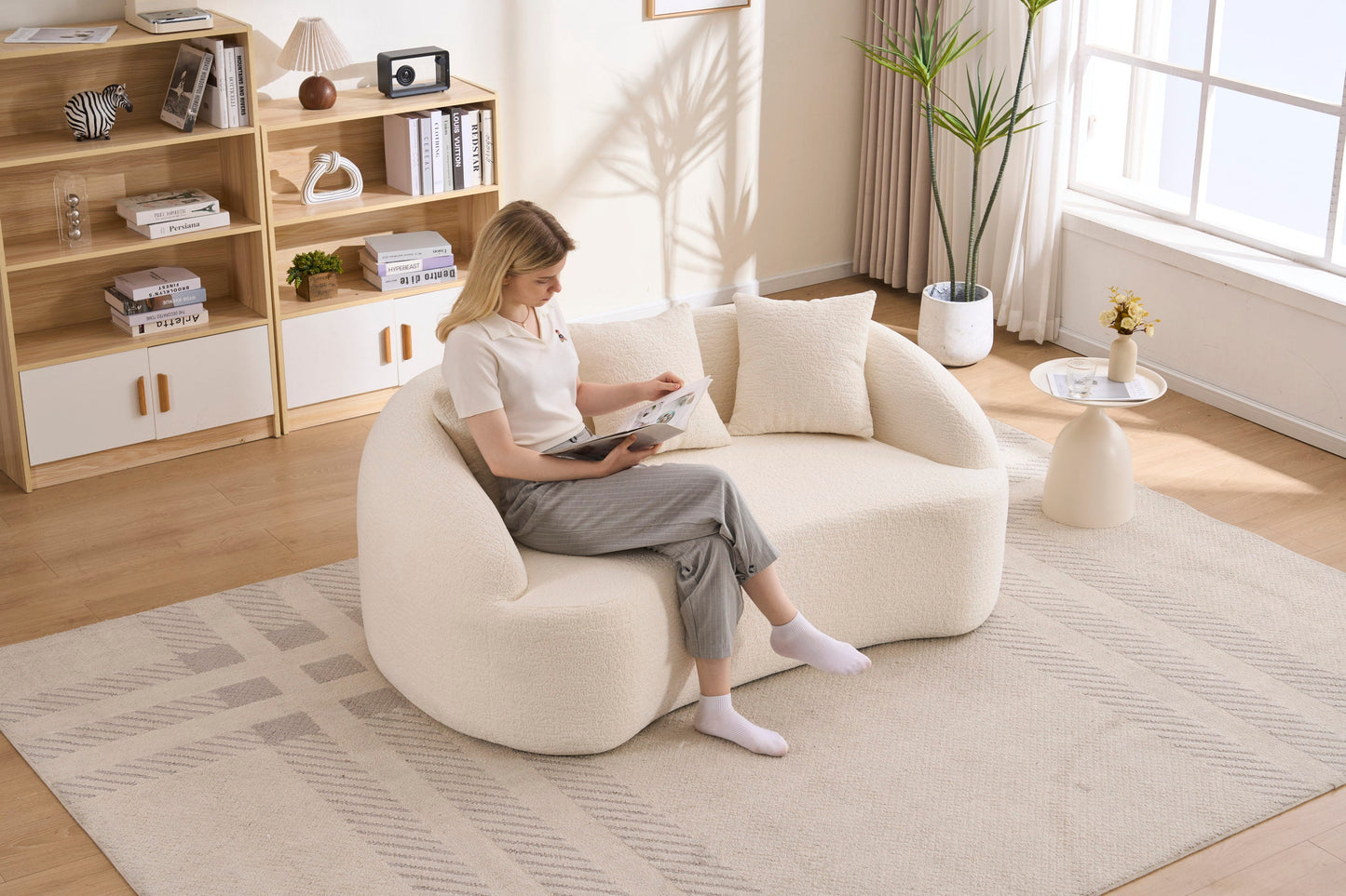 Loveseat Curved Modern Chenille Off-White 2 Seat 3 Pillows 65 In