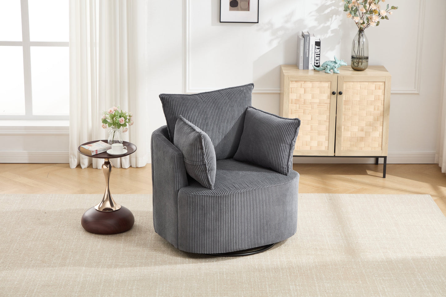 Accent Chair Swivel Round Barrel Corduroy Gray 350 LB 34x32x35 In