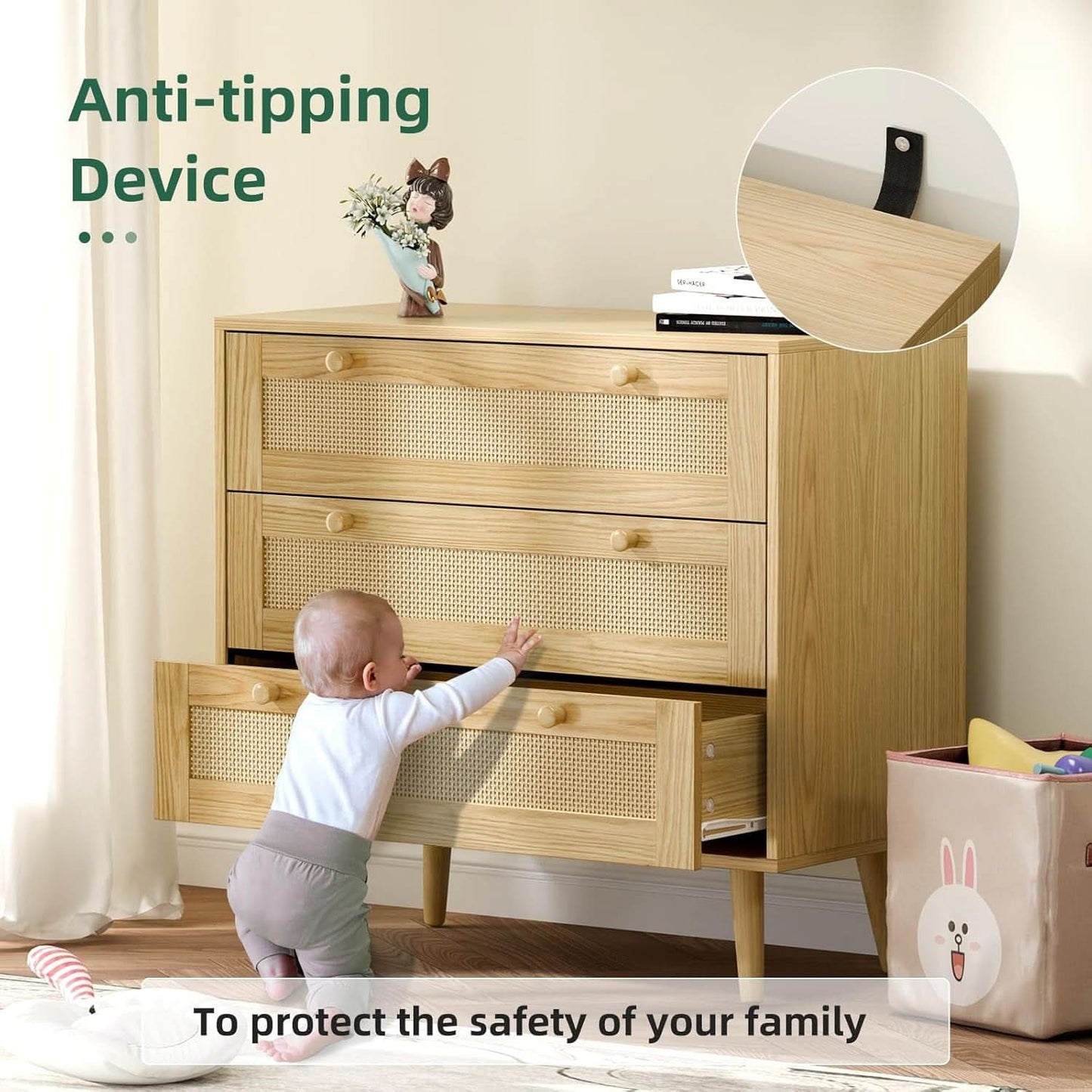 Space-Saving 3-Drawer Rattan Dresser For Bedroom Storage