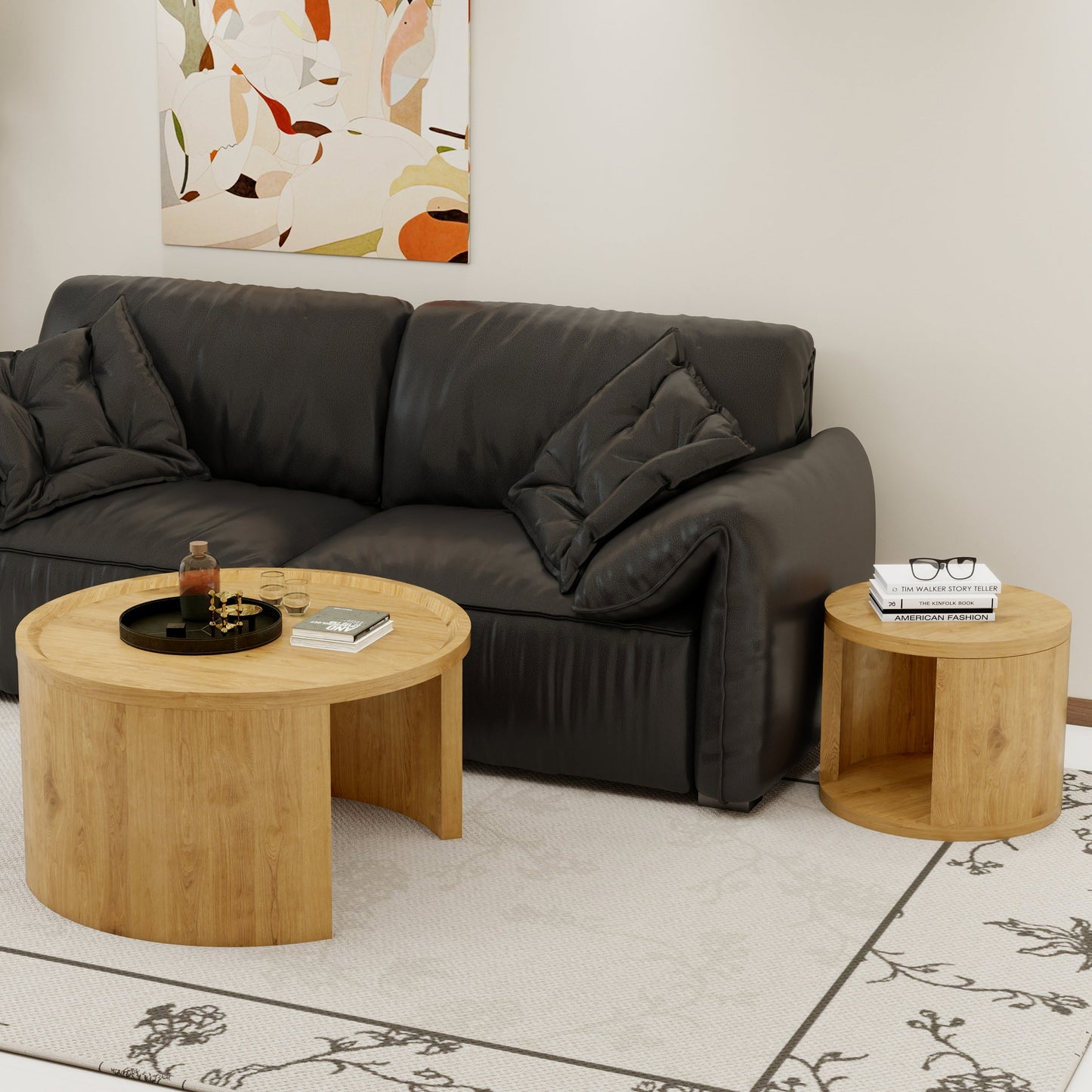 Round Nesting Coffee Table Set of 2, 31.5 and 18 in, Wood Top, Living Room