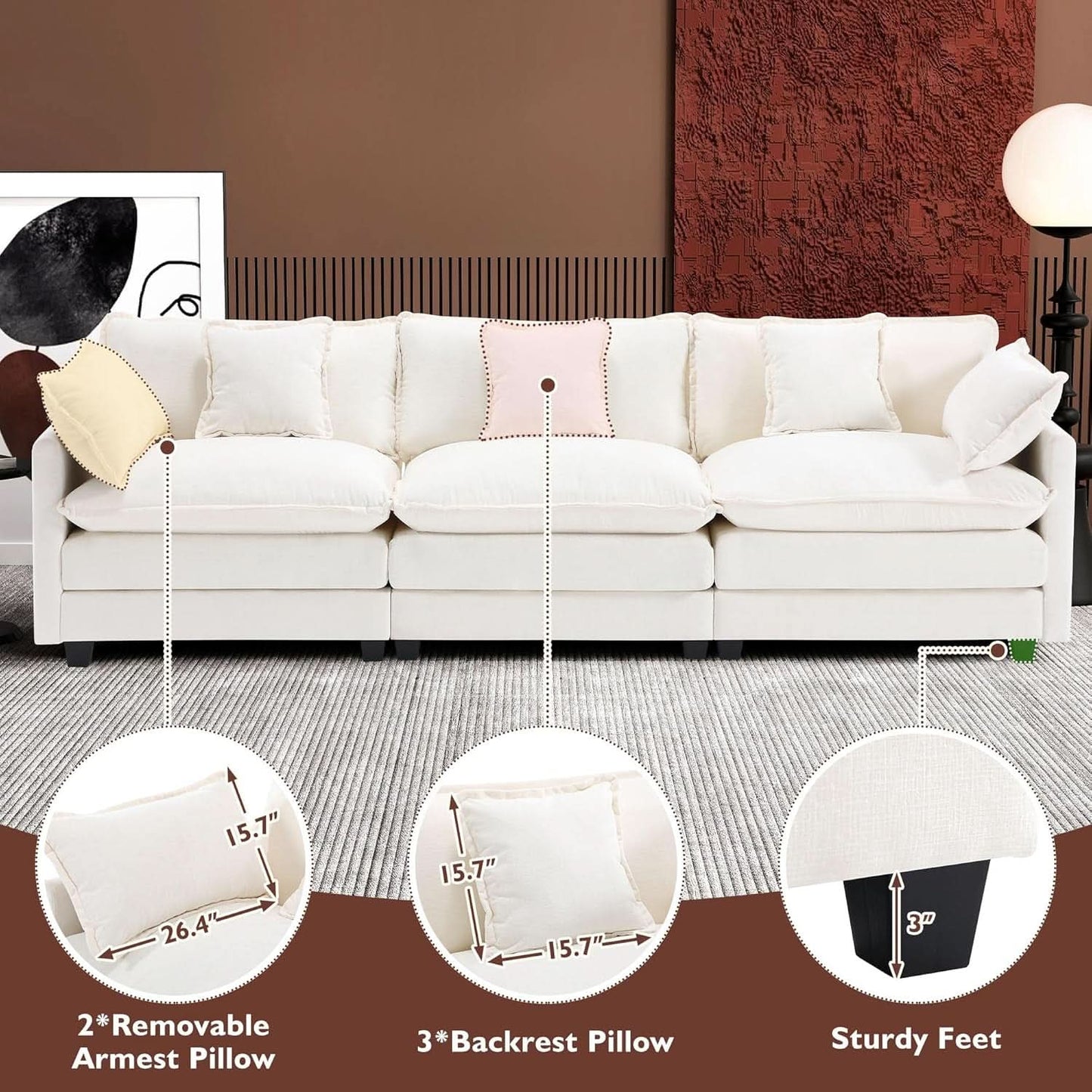 111.4 Inch 3 Seater Cloud Sofa Modular Sectional Couch Beige With Breathable Chenille Fabric