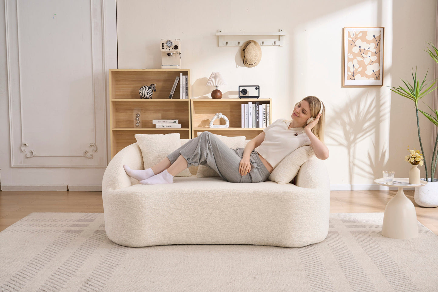 Loveseat Curved Modern Chenille Off-White 2 Seat 3 Pillows 65 In