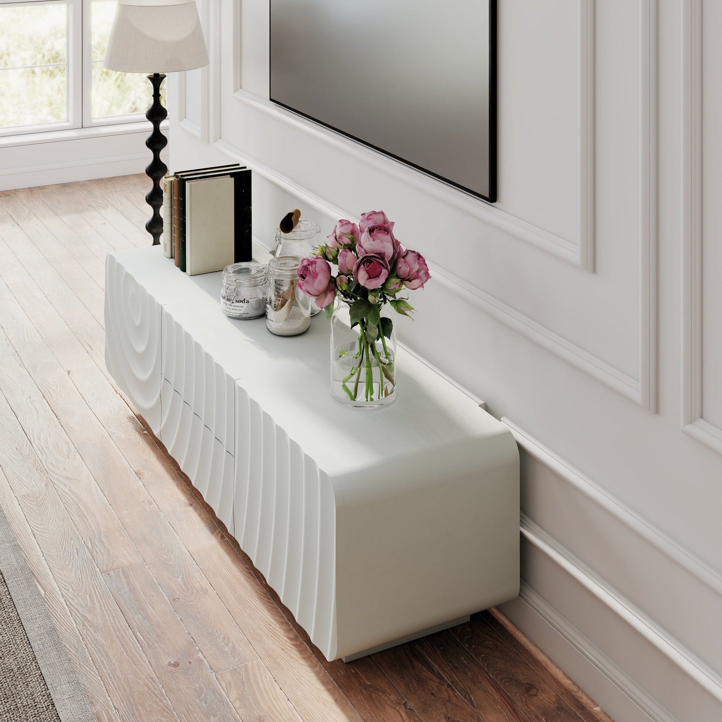 TV Stand Spiral Wave White MDF Floating Base Fits 60 In TV 58.3 In