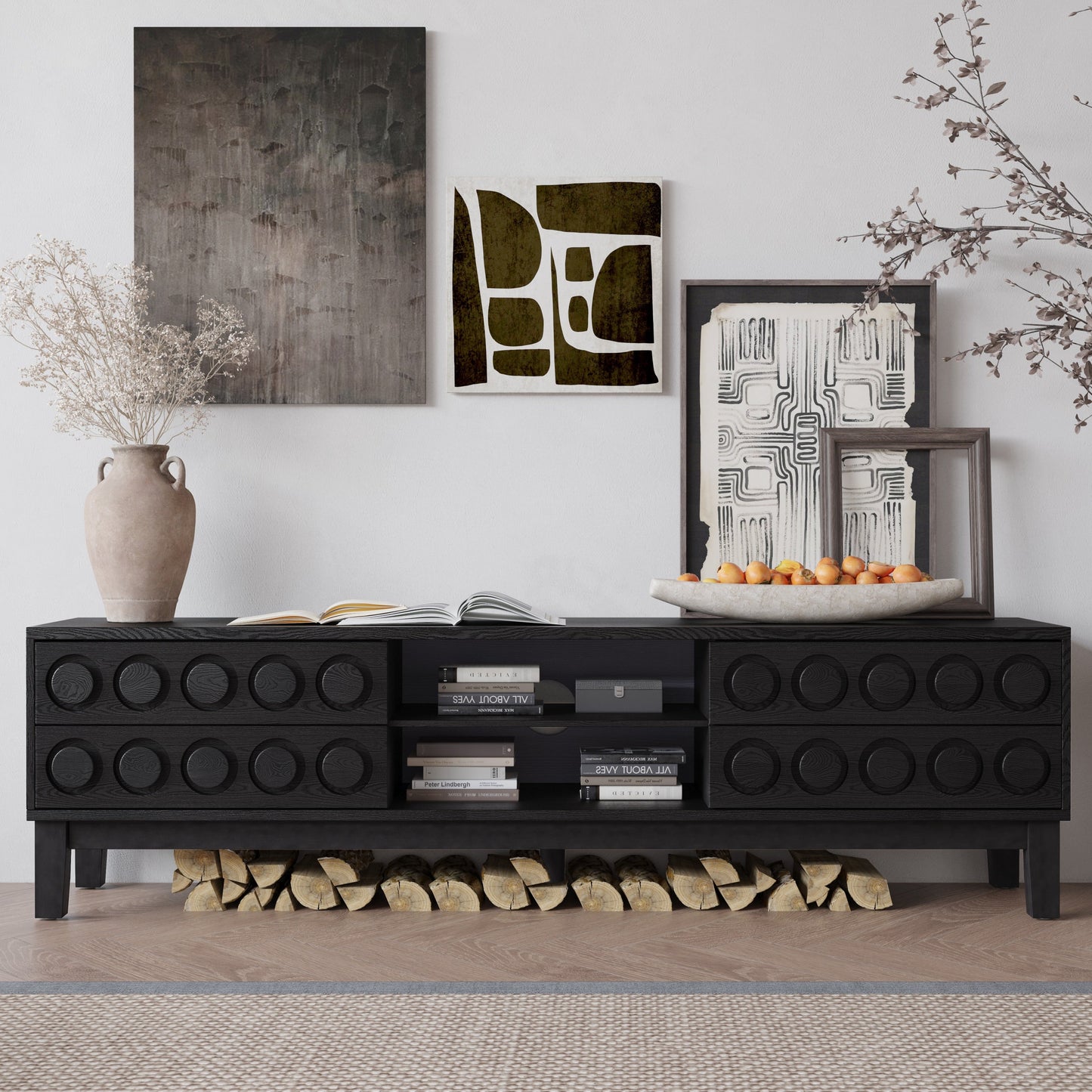 TV Stand Mid-Century Modern Solid Wood Gray Black 4-Drawer Fits 70 In TV