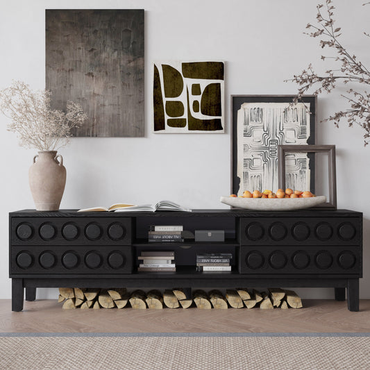 TV Stand Mid-Century Modern Solid Wood Gray Black 4-Drawer Fits 70 In TV