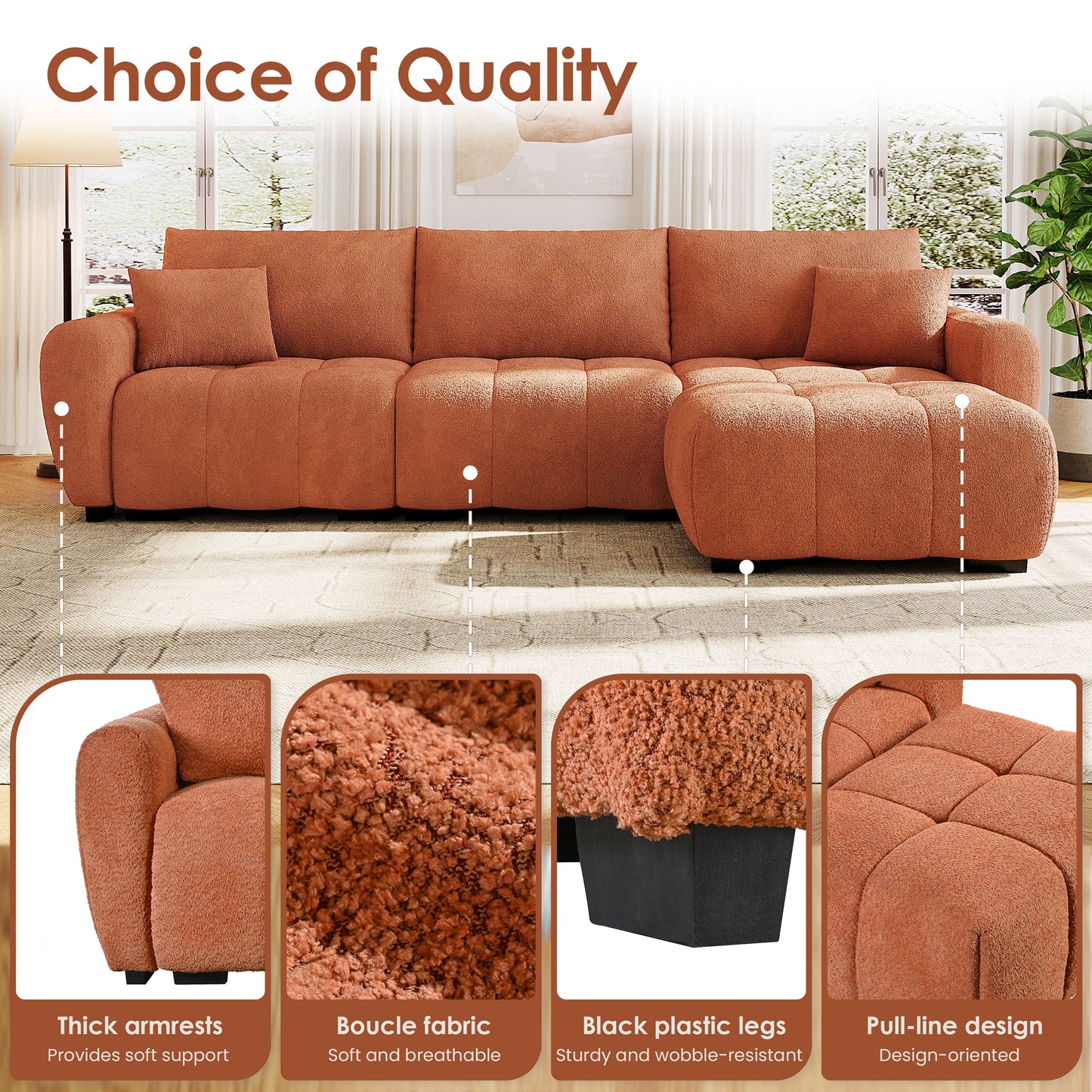 Sectional Sofa L-Shape Boucle Orange 4 Seat Ottoman 110 In