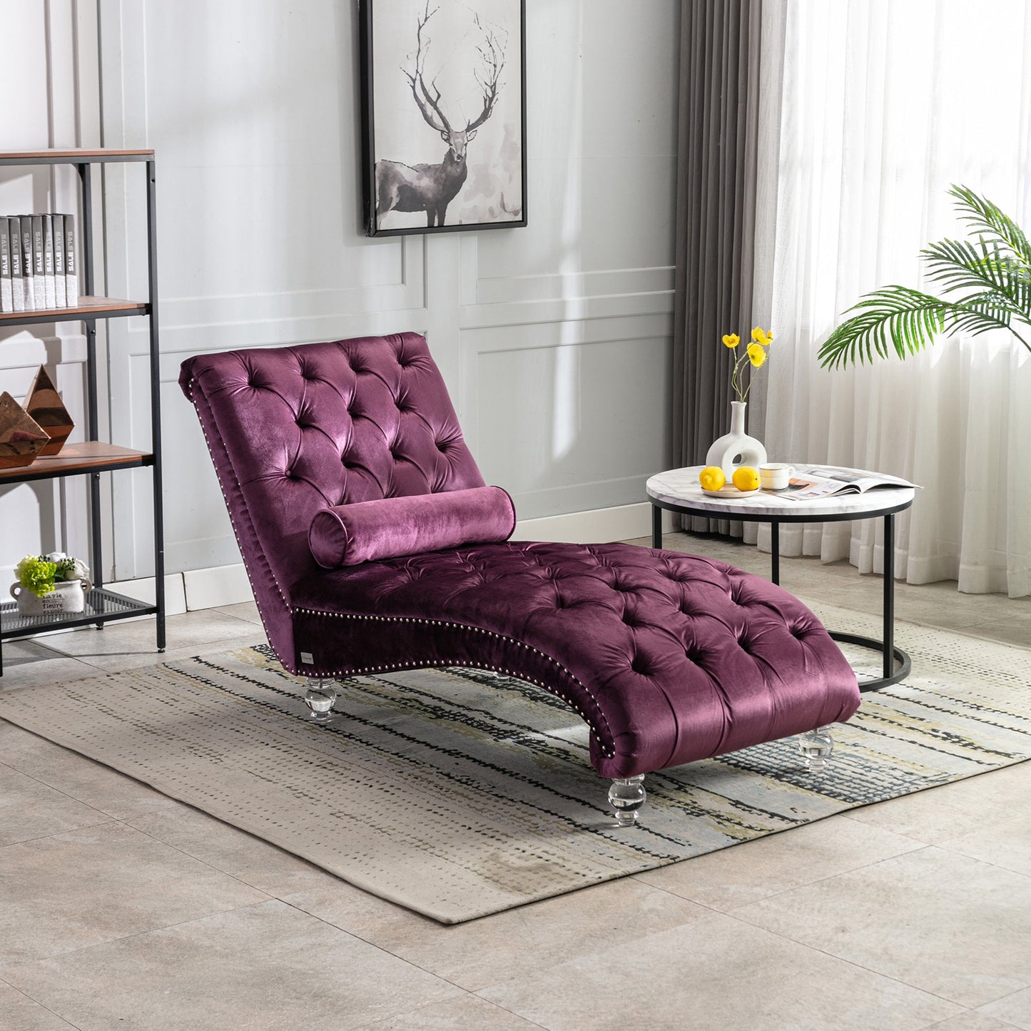 Velvet Chaise Lounge Indoor, Button-Tufted with Pillow, Purple, Bedroom