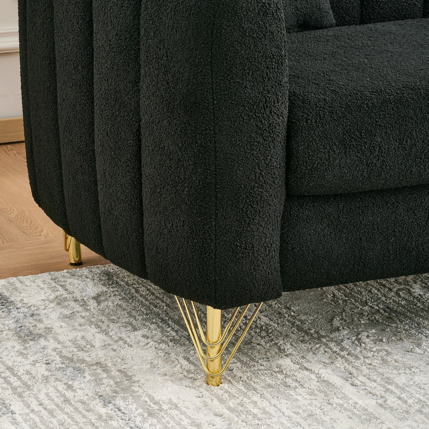 Loveseat Modern Chenille Black Gold Metal Legs 2 Seat 63 In 500 LB