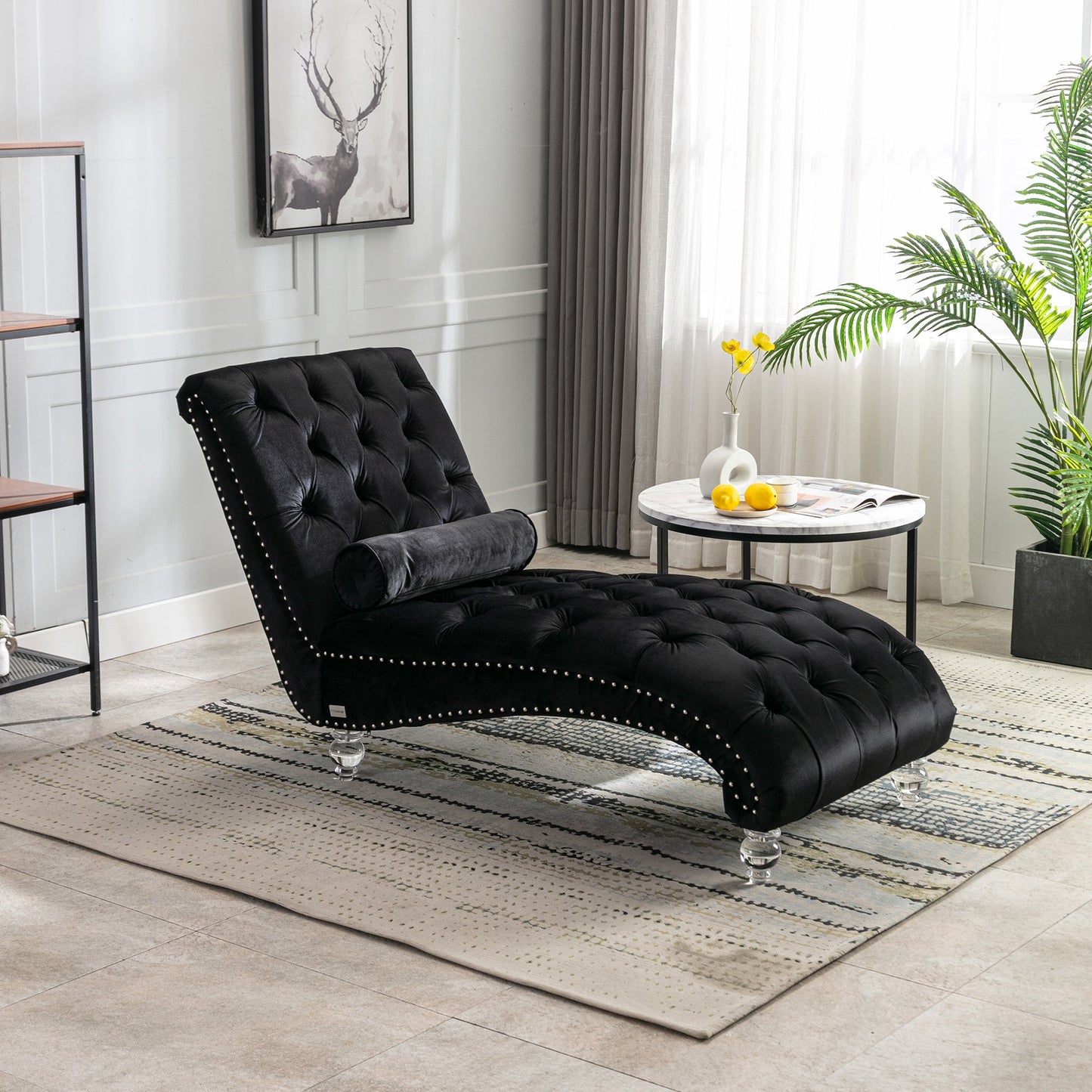Velvet Chaise Lounge, Button-Tufted with Pillow, Black, 63.38x28.94x34.05 in