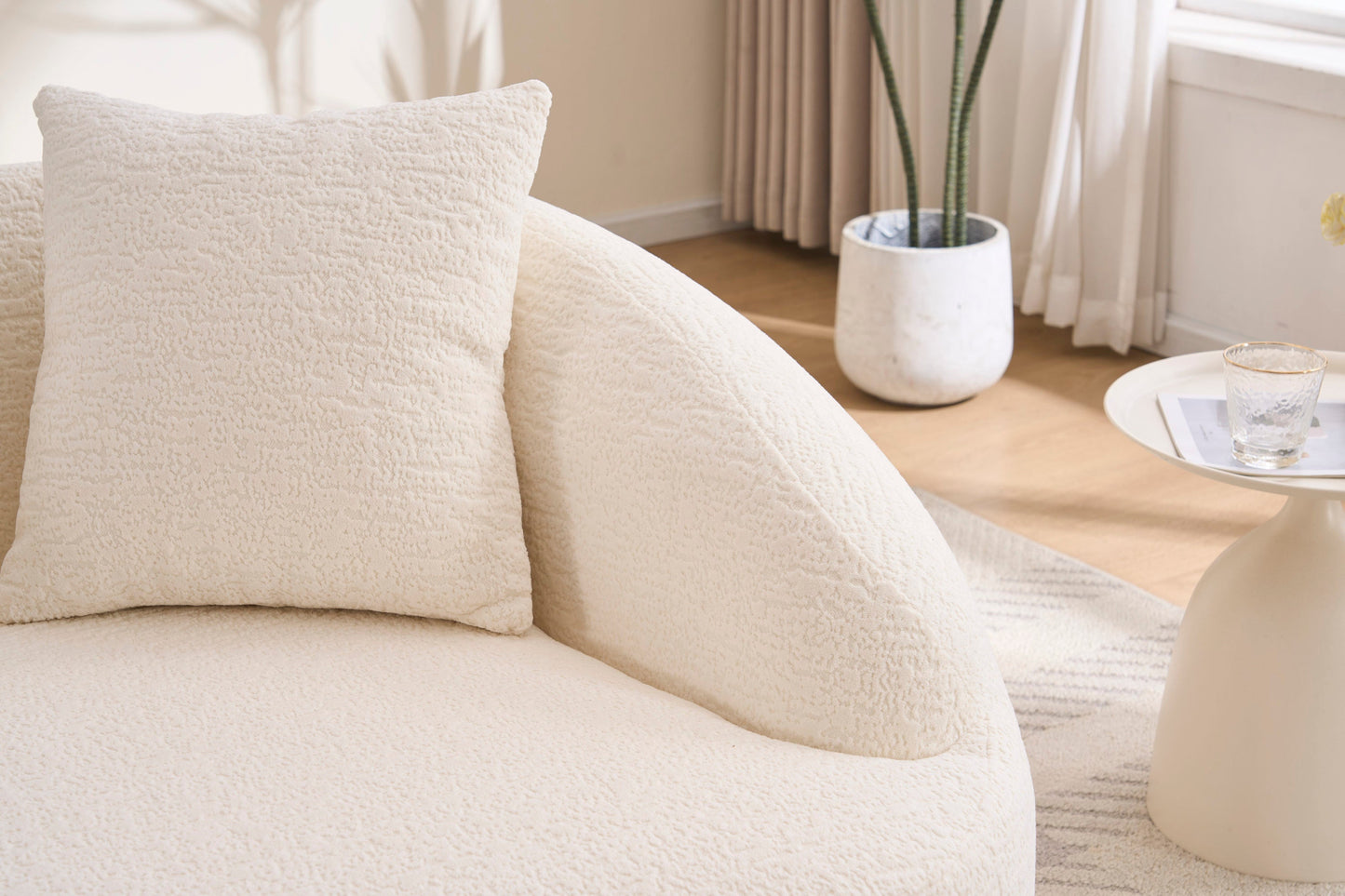 Loveseat Curved Modern Chenille Off-White 2 Seat 3 Pillows 65 In
