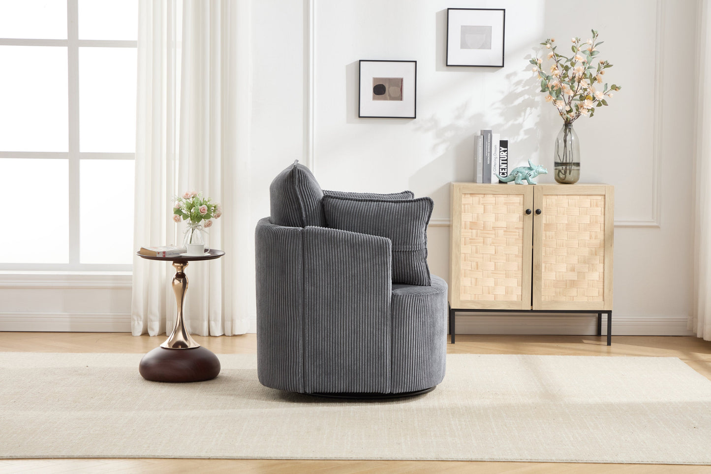 Accent Chair Swivel Round Barrel Corduroy Gray 350 LB 34x32x35 In