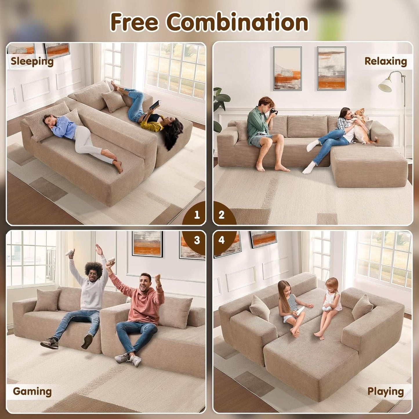 104 Inch Cloud Sectional Couch With L Shaped Chaise Modern Modular Sofa In Camel Corduroy Fabric