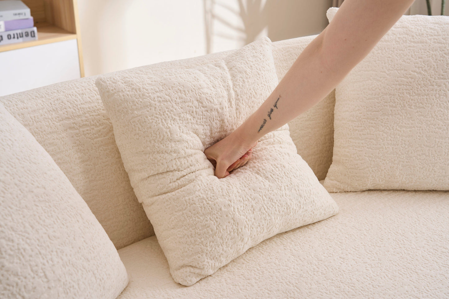 Loveseat Curved Modern Chenille Off-White 2 Seat 3 Pillows 65 In