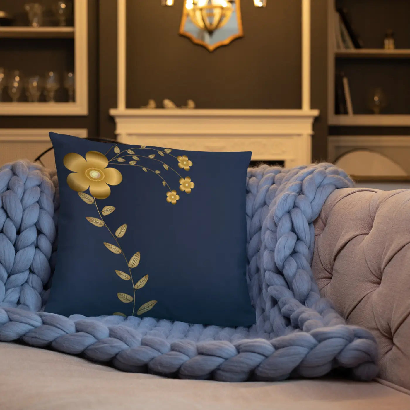 Navy Blue Throw Pillow - Lovely Floral Polyester - DipaliZ