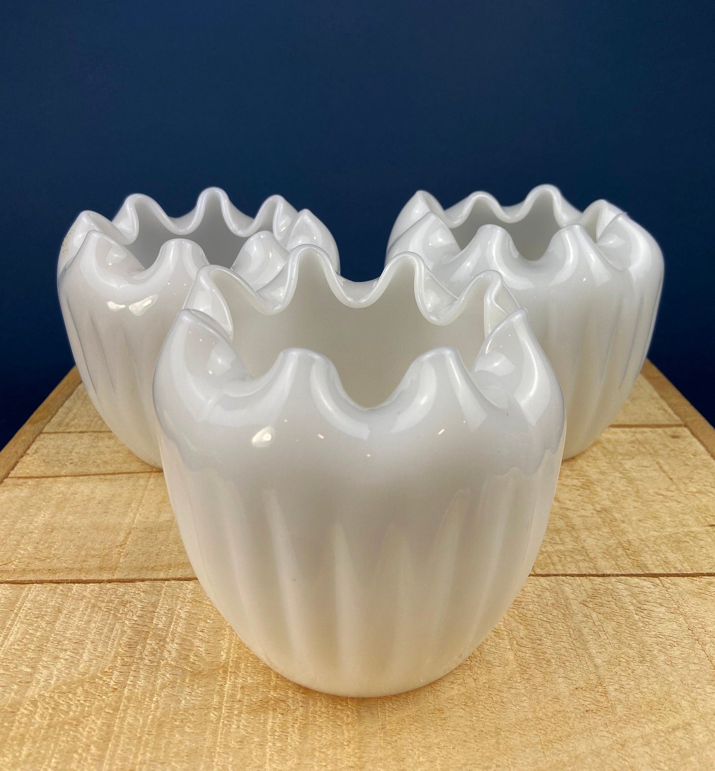 Milk Glass Planters or Vases. Vintage White Flower Pots with Ribbed Patterns and Pinched Rims. Set of Three. Window Sill Herbal Garden.