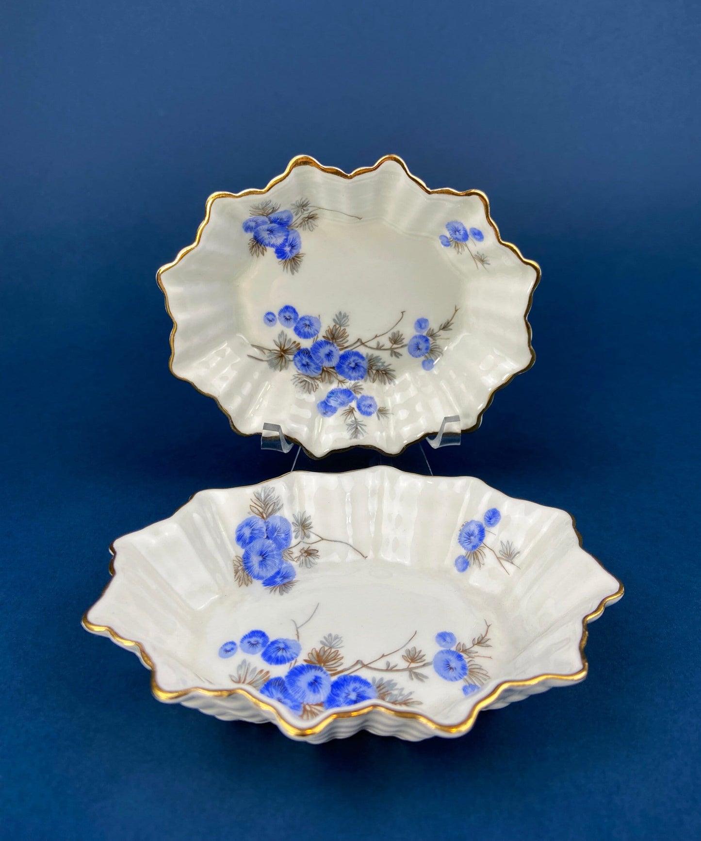 Antique Porcelain Berry Bowls in Blueberry Motif. Set of Two Small Serving Plates by Embassy Ware, Fondeville, England. Scalloped Rim.